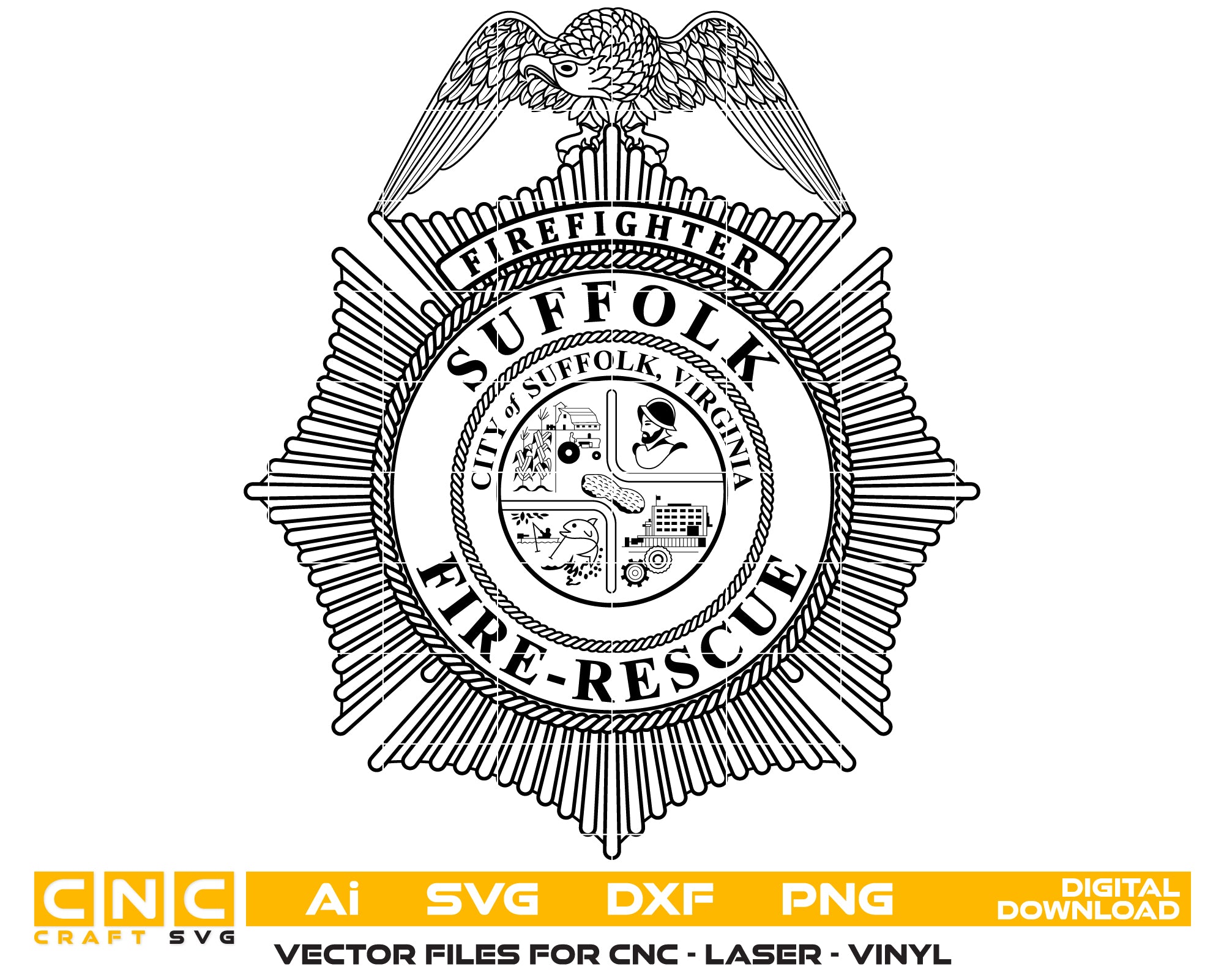 Suffolk Fire Rescue Badge SVG digital download, firefighter emblem vector design for Cricut, Silhouette, CNC, engraving, and fire service crafts.