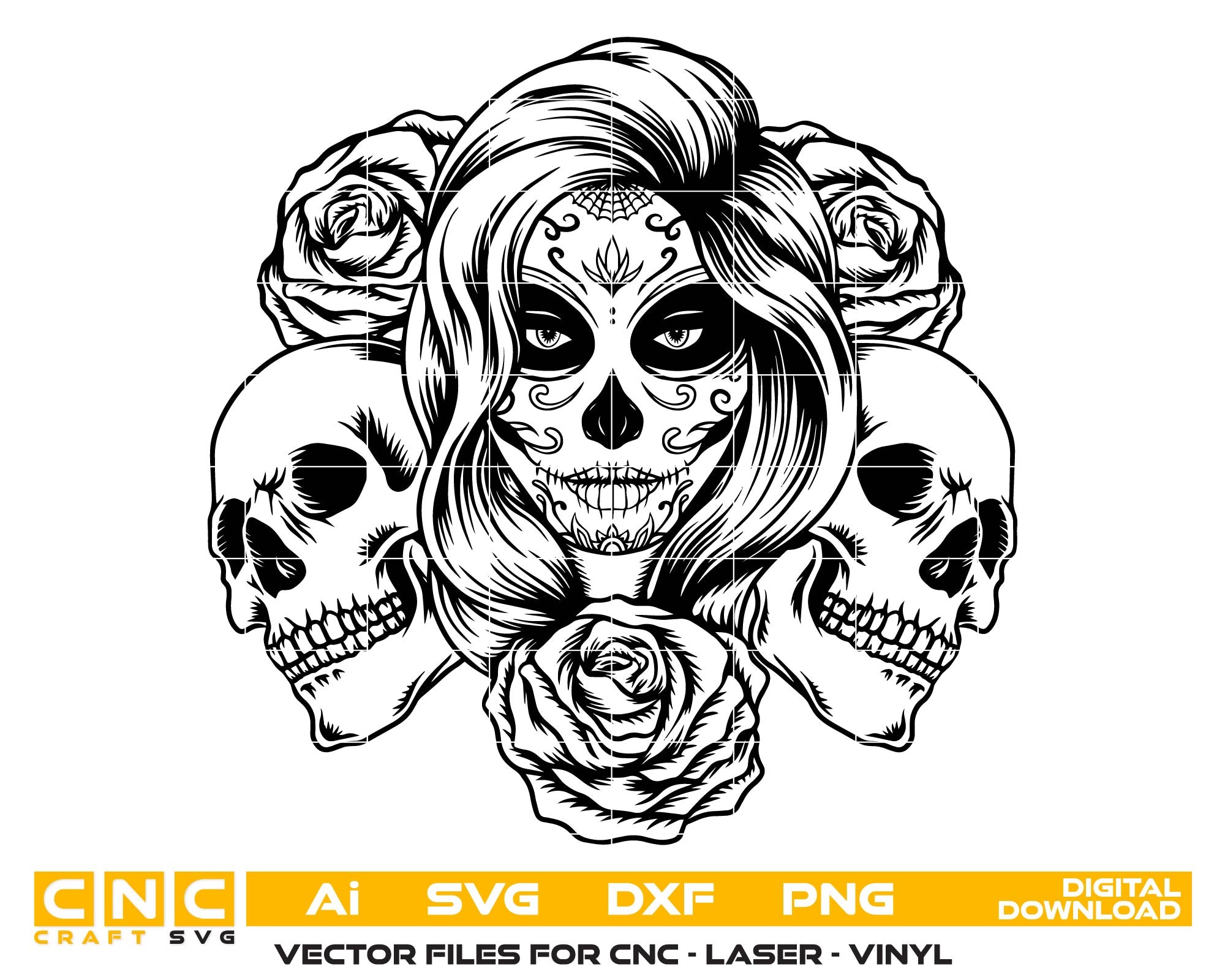 Sugar Skull Queen with Roses | Elegant Skull Vector