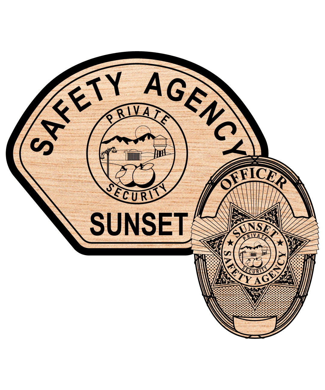 Sunset Safety Agency Officer Badge SVG digital download, public safety emblem vector design for Cricut, Silhouette, CNC, engraving, and commemorative crafts.
