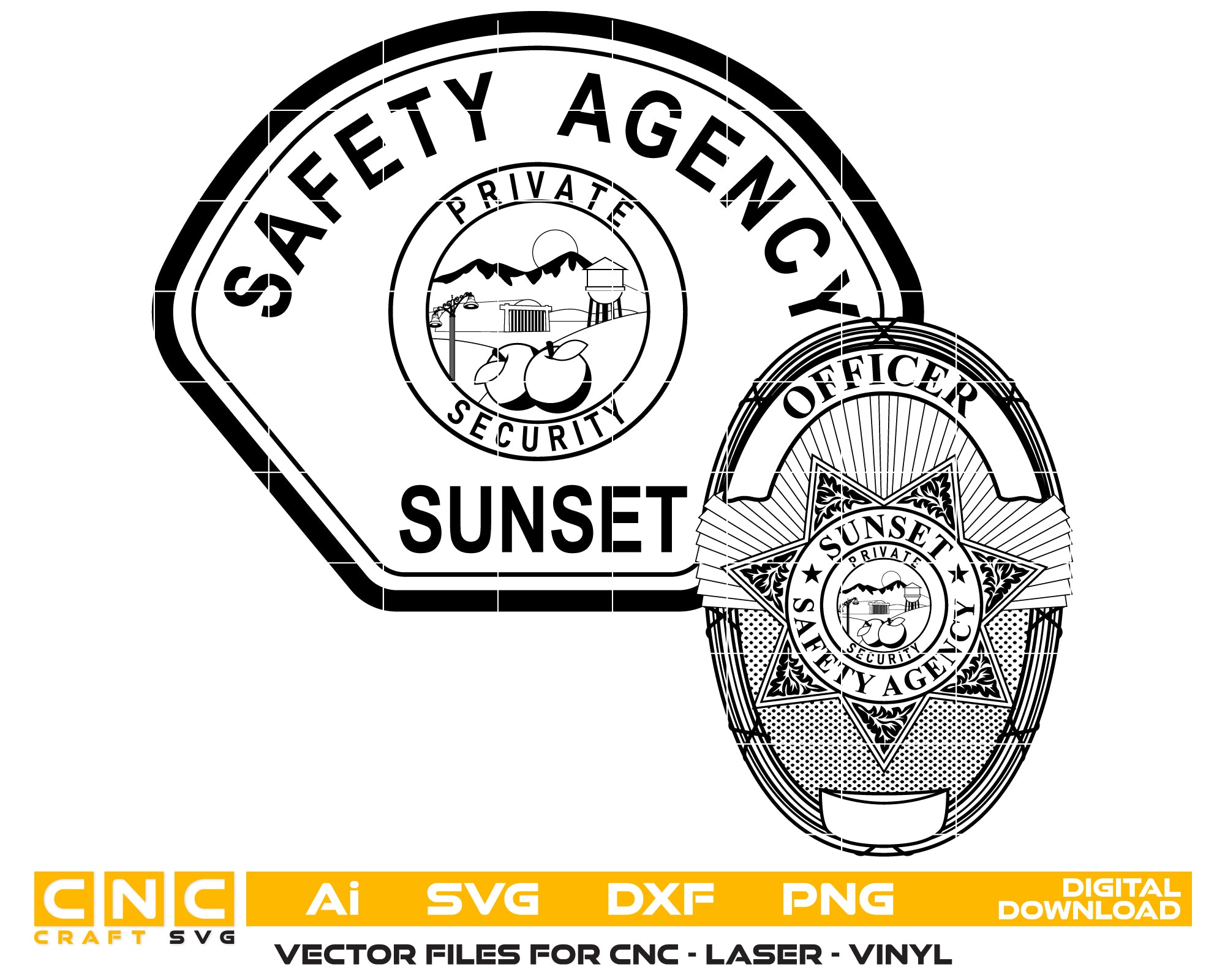 Sunset Safety Agency Officer Badge SVG digital download, public safety emblem vector design for Cricut, Silhouette, CNC, engraving, and commemorative crafts.