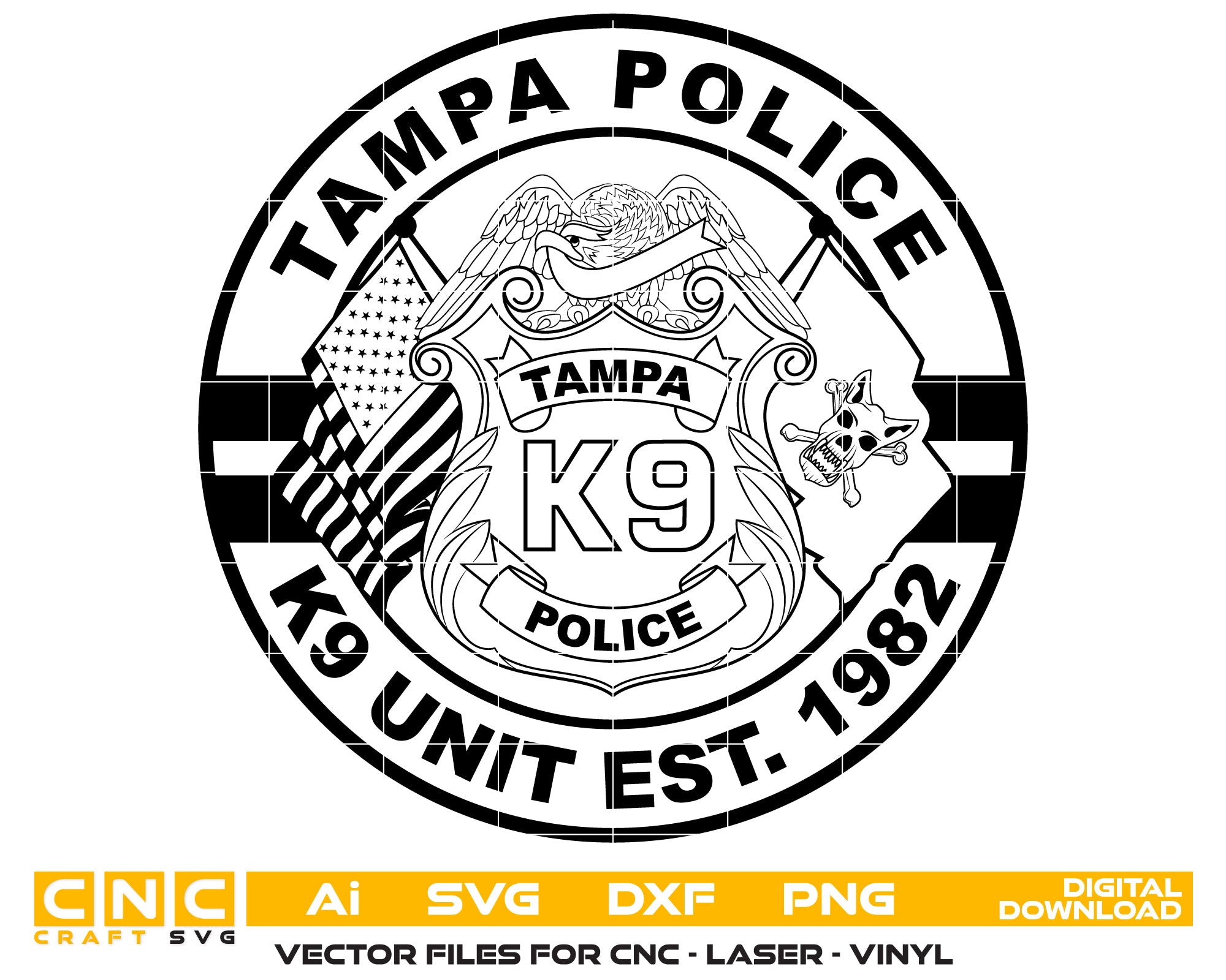 Tampa Police K9 Unit Badge SVG digital download, Florida K-9 unit emblem vector design for Cricut, Silhouette, CNC, engraving, and law enforcement crafts.