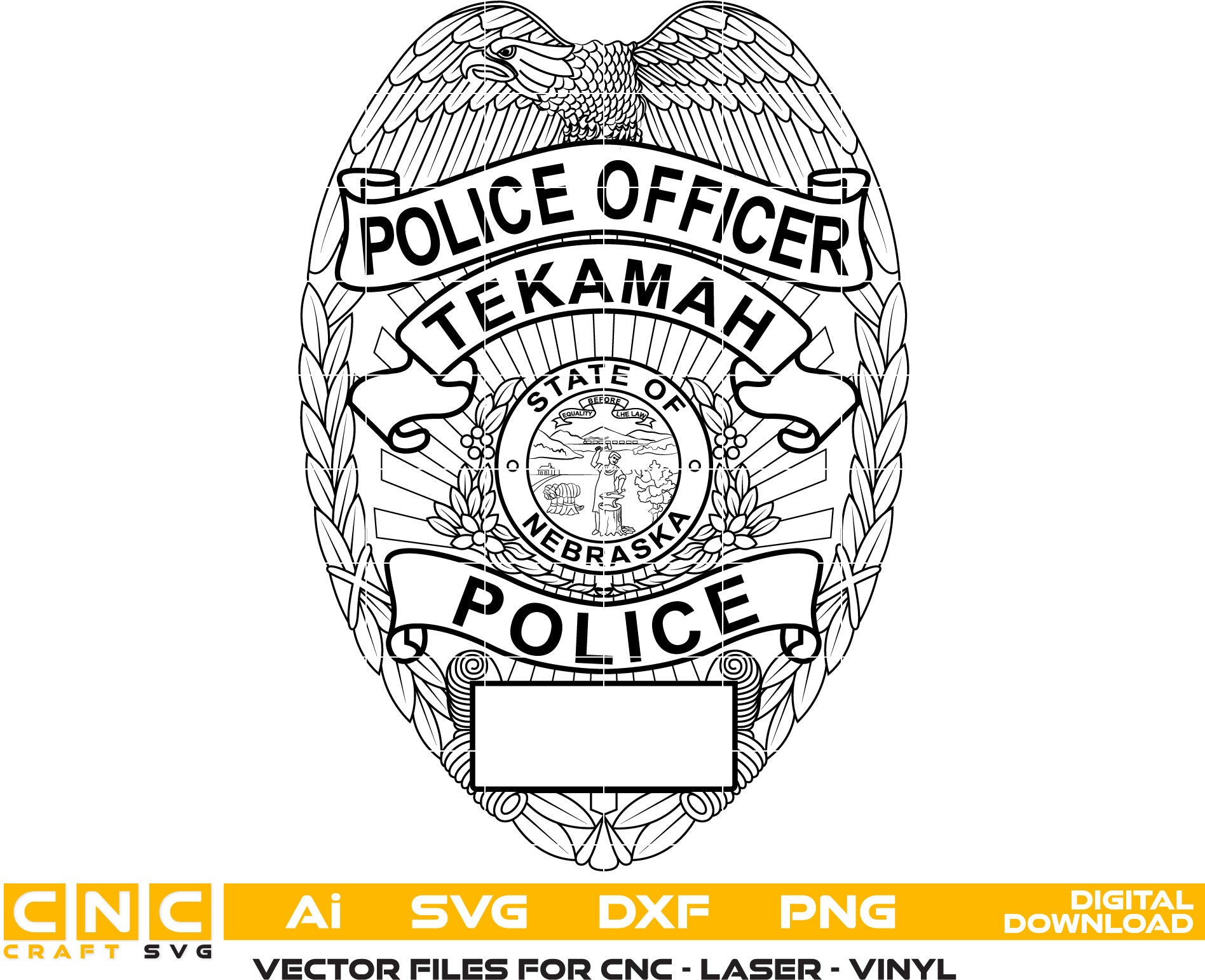 Tekamah Nebraska Police Officer Badge Vector Art, Ai,SVG, DXF, PNG, Digital Files for Laser Engraving, Woodworking, Printing, CNC Router, Cricut, Ezecad etc.