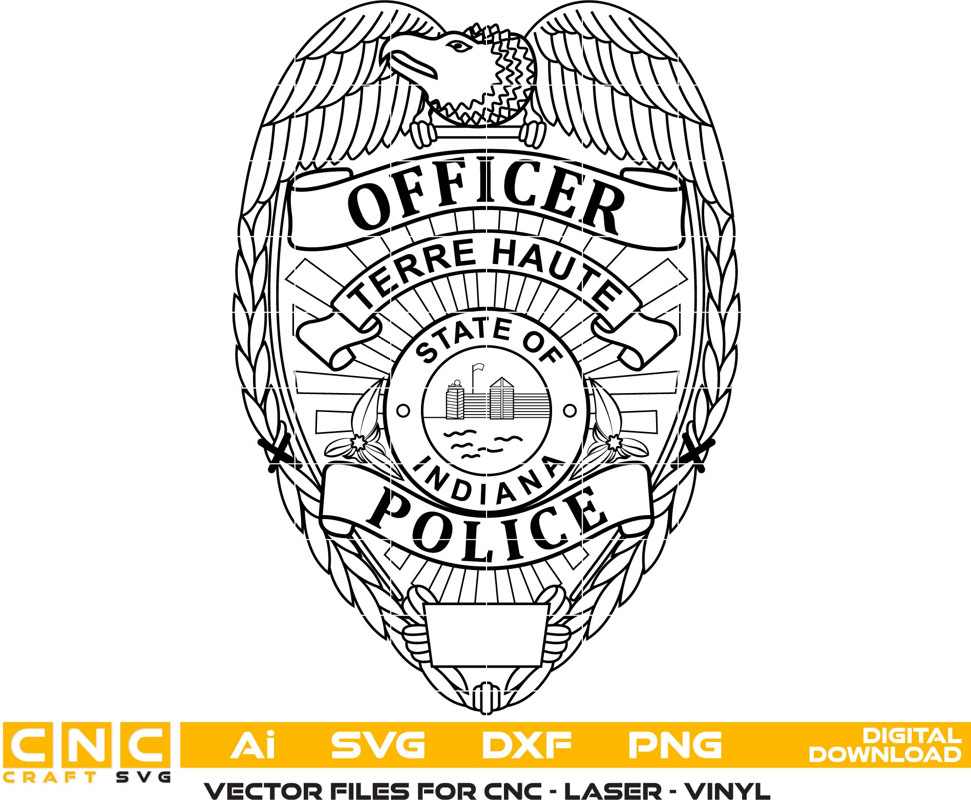 Terre Haute Police Officer, Indiana Police Patch Vector art Svg, Dxf, Jpg, Png, and Ai files For laser engraving, woodworking, acrylic painting, and all printing machines.