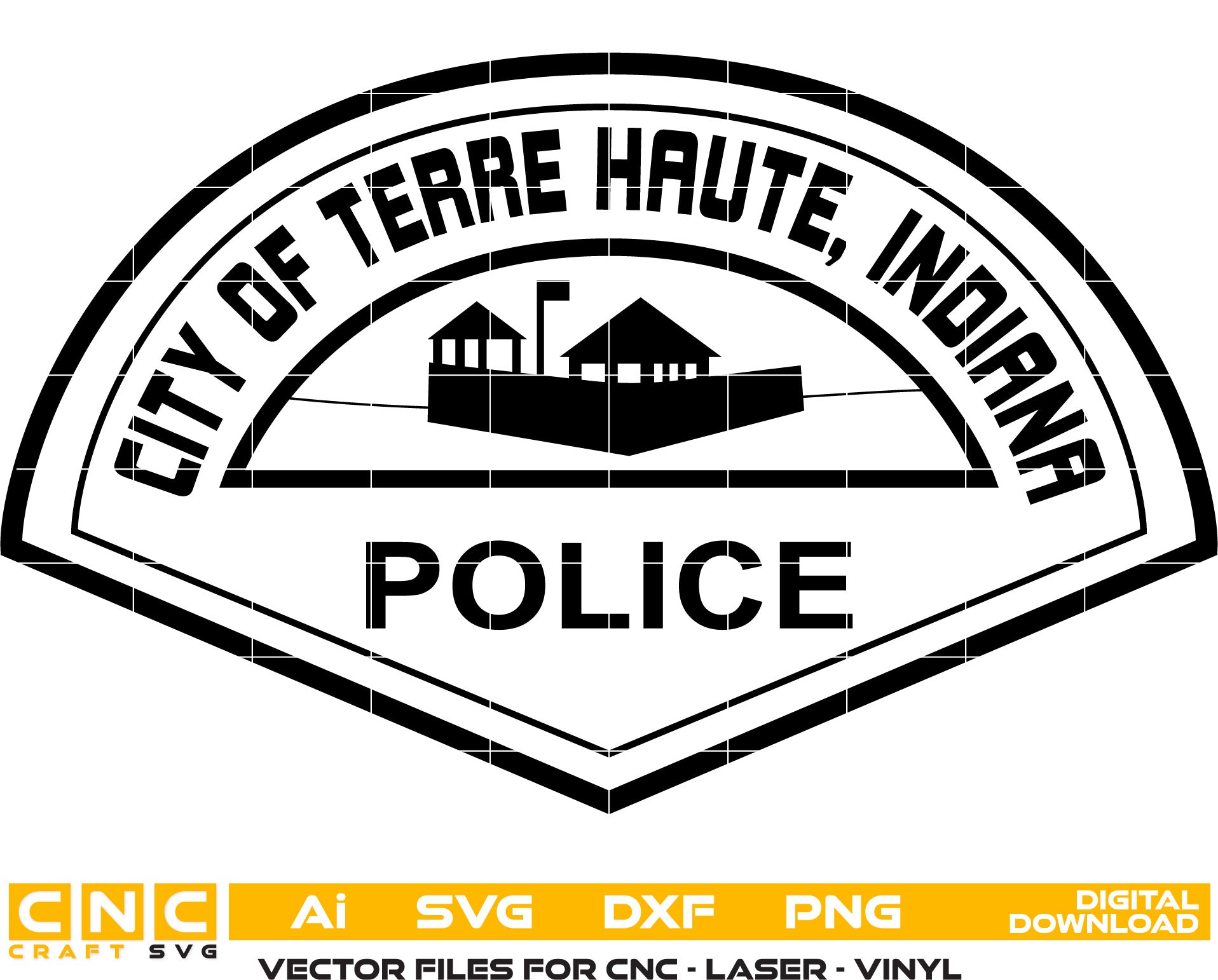 Terre Haute, Indiana Police Badge Vector art Svg, Dxf, Jpg, Png, and Ai files For laser engraving, woodworking, acrylic painting, and all printing machines.
