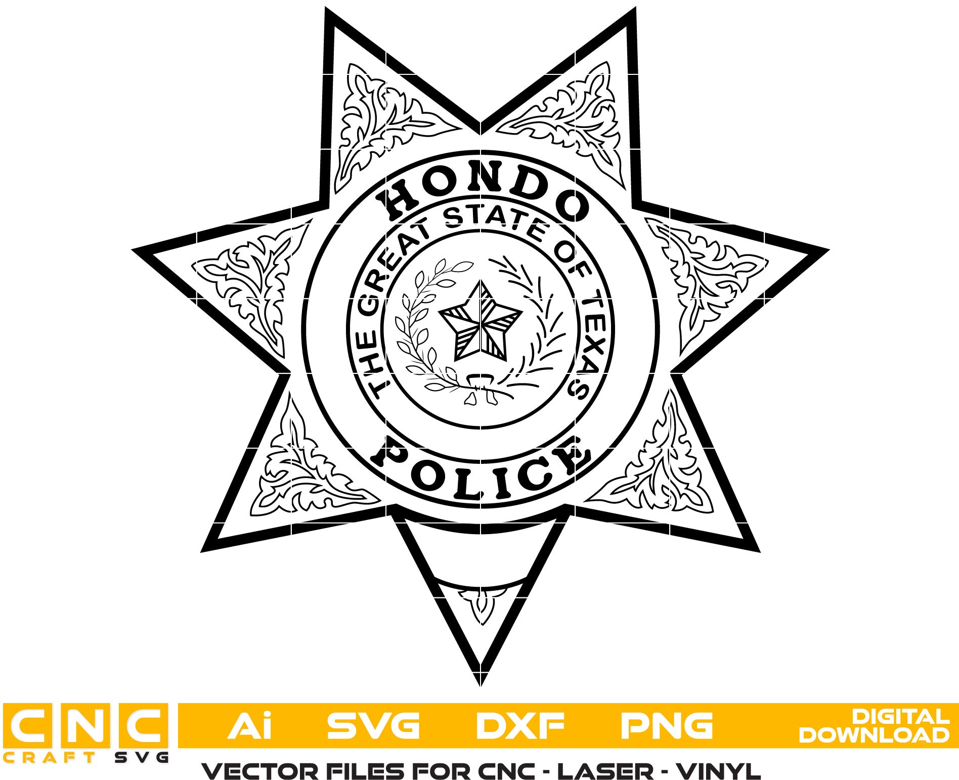 Texas Hondo Police Badge Vector Art, Ai,SVG, DXF, PNG, Digital Files for Laser Engraving, Woodworking, Printing, CNC Router, Cricut, Ezecad etc.