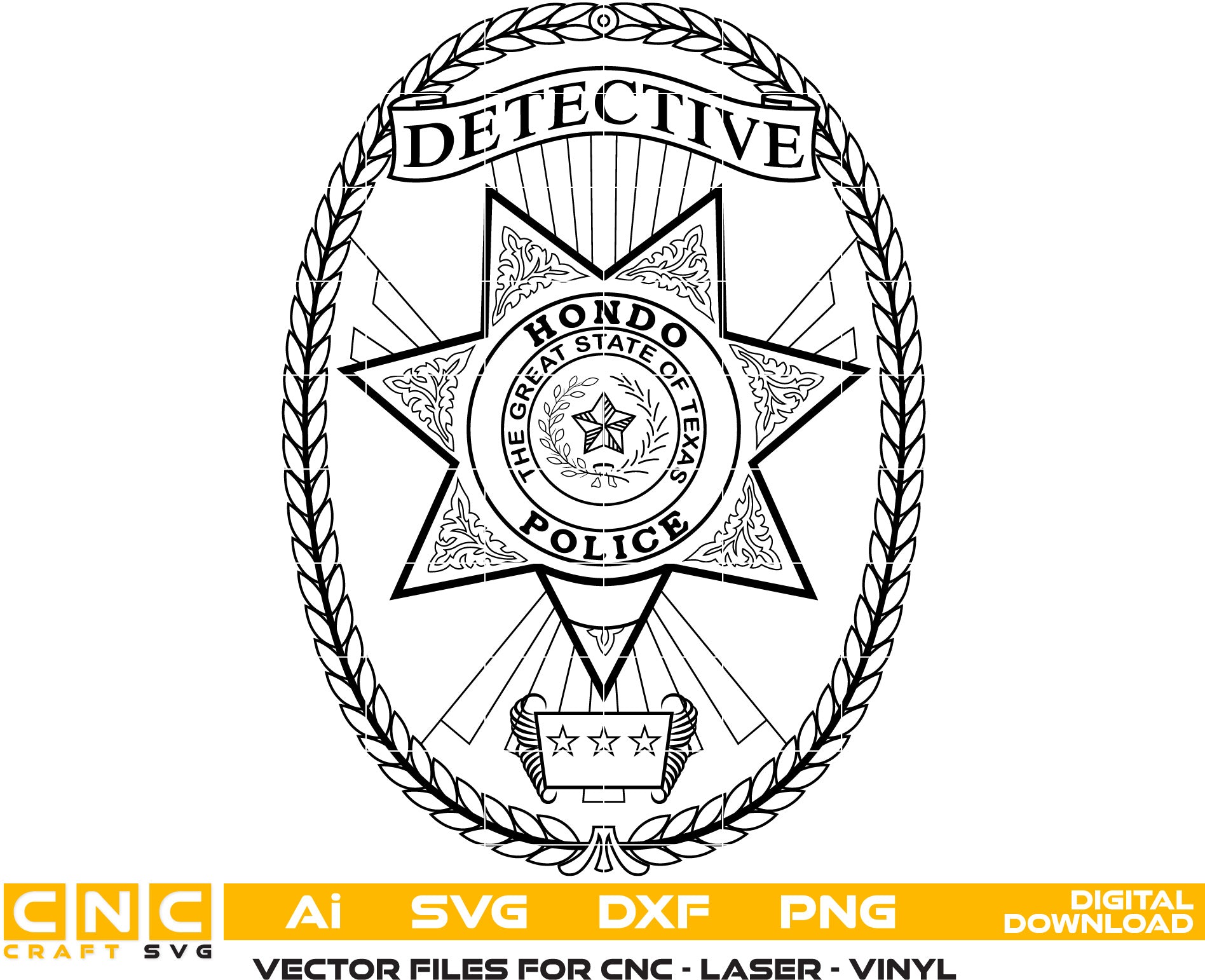 Texas Hondo Police Detective Badge Vector Art, Ai,SVG, DXF, PNG, Digital Files for Laser Engraving, Woodworking, Printing, CNC Router, Cricut, Ezecad etc.