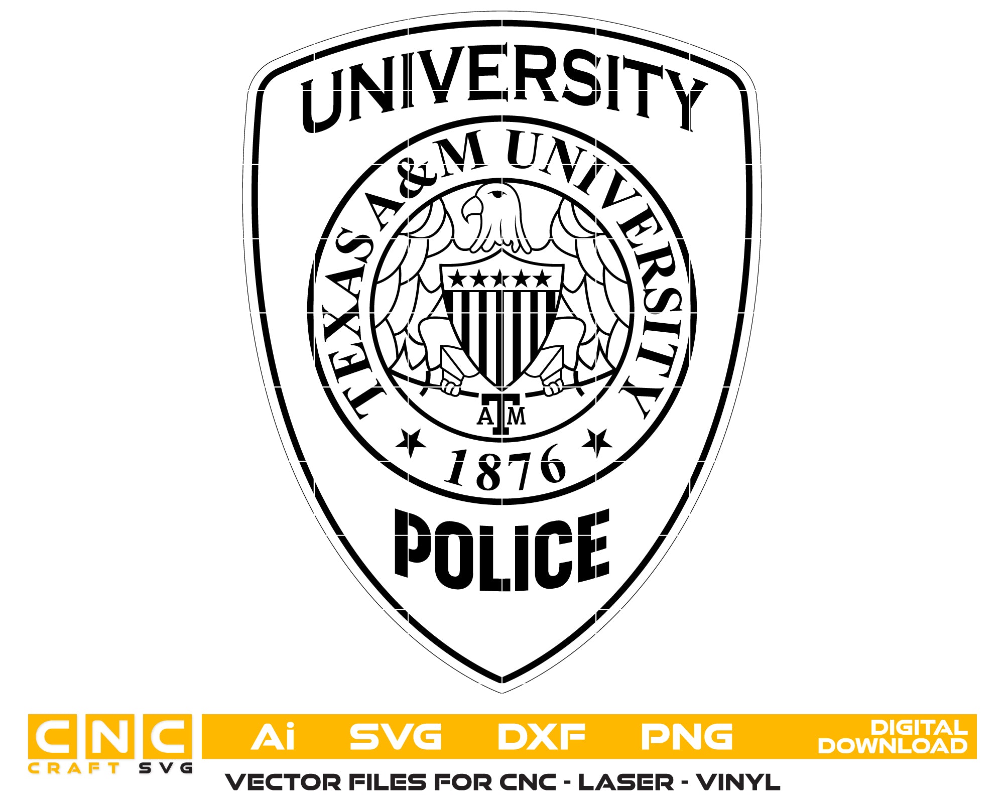 Texas A&M University Police Department Logo SVG digital download, TAMU police emblem vector design for Cricut, Silhouette, CNC, engraving, and campus law enforcement crafts.