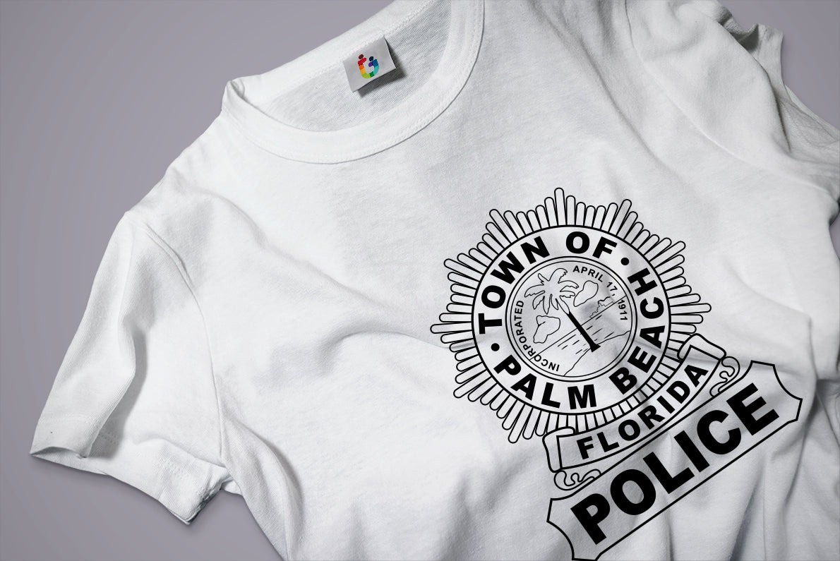 White t-shirt with 'Town of Palm Beach, Florida Police' logo 
Town of Palm Beach Police Badge Florida Vector SVG for CNC & Printing
t-shirt with 'Town of Palm Beach, Florida Police' logo
