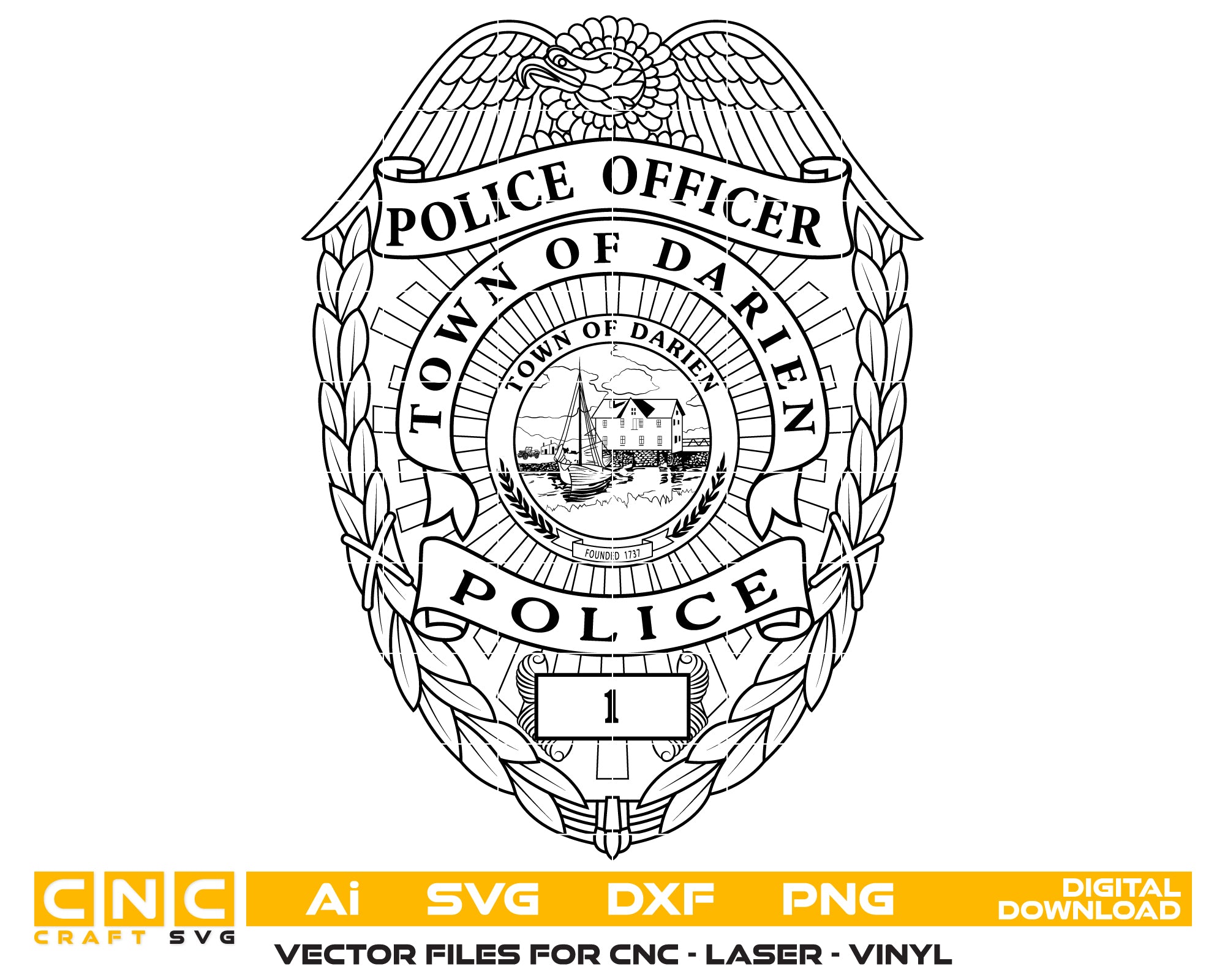 Town Of Darien Police Officer Badge SVG, Darien Police Badge Vector, Town Of Darien Police SVG Emblem, Connecticut Law Enforcement Badge Logo SVG, #support