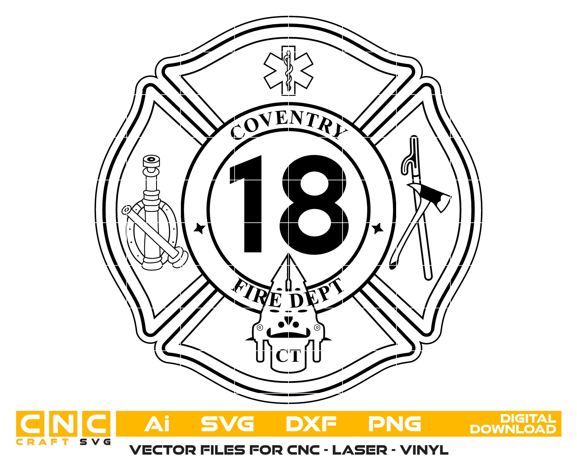 Town of Coventry Fire Department Badge SVG digital download, firefighter emblem vector design for Cricut, Silhouette, CNC, engraving, and fire service crafts.