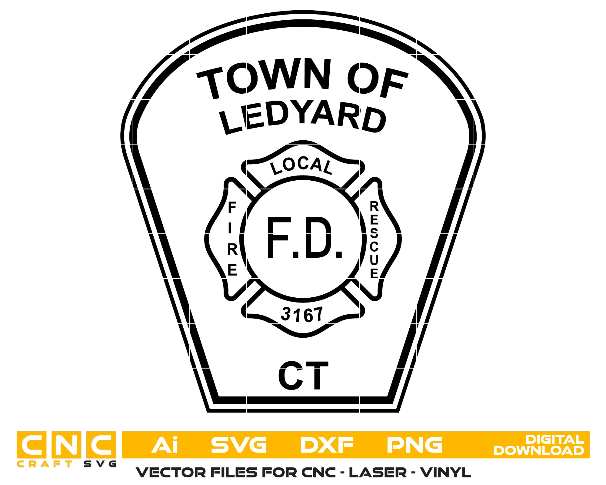 Town of Ledyard Fire Rescue Patch SVG digital download, Connecticut fire department emblem vector for Cricut, Silhouette, engraving, and firefighter craft projects.