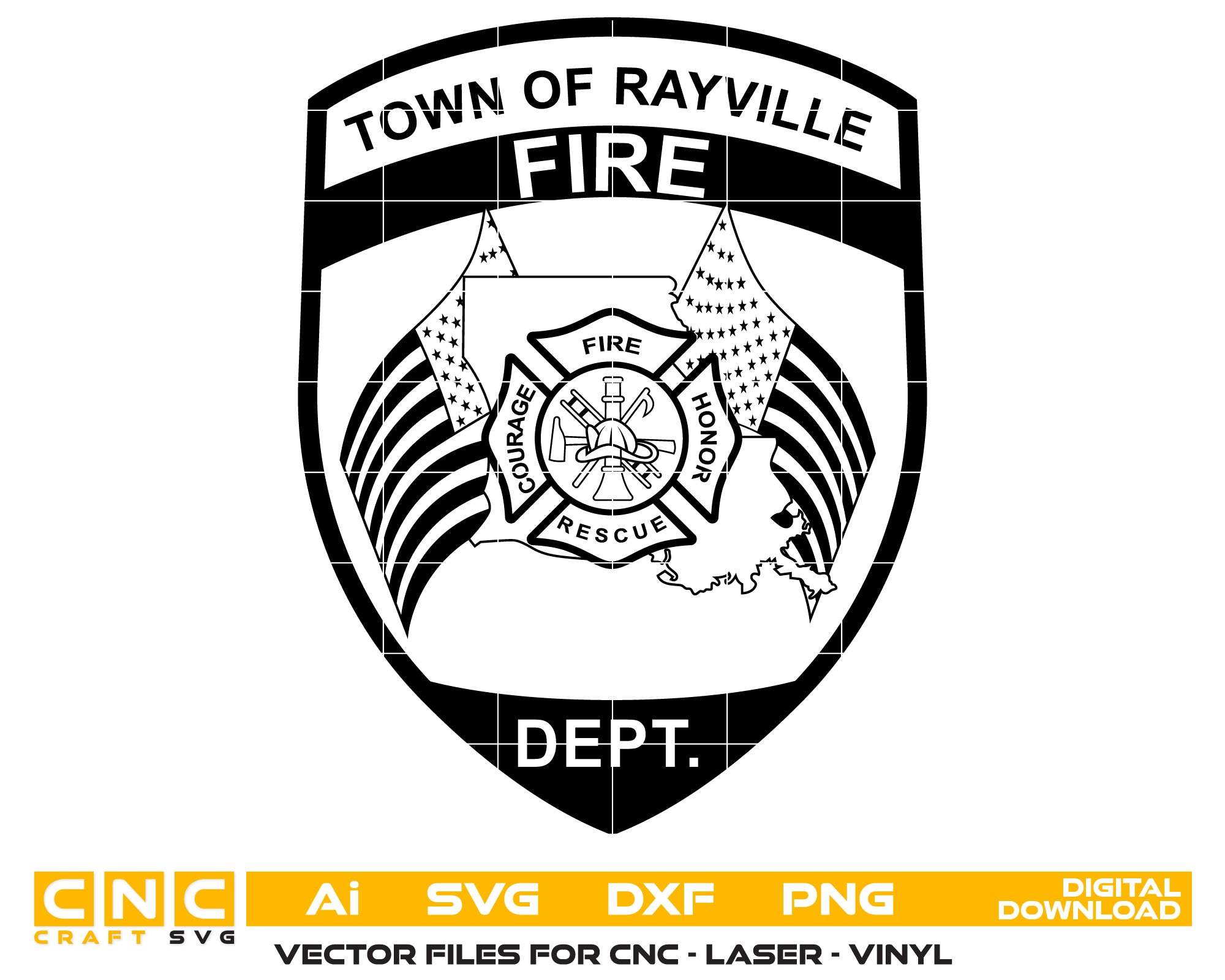 Town of Rayville Fire Dept. Patch SVG digital download, Rayville Fire Department emblem vector design for Cricut, Silhouette, CNC, engraving, and firefighter crafts.