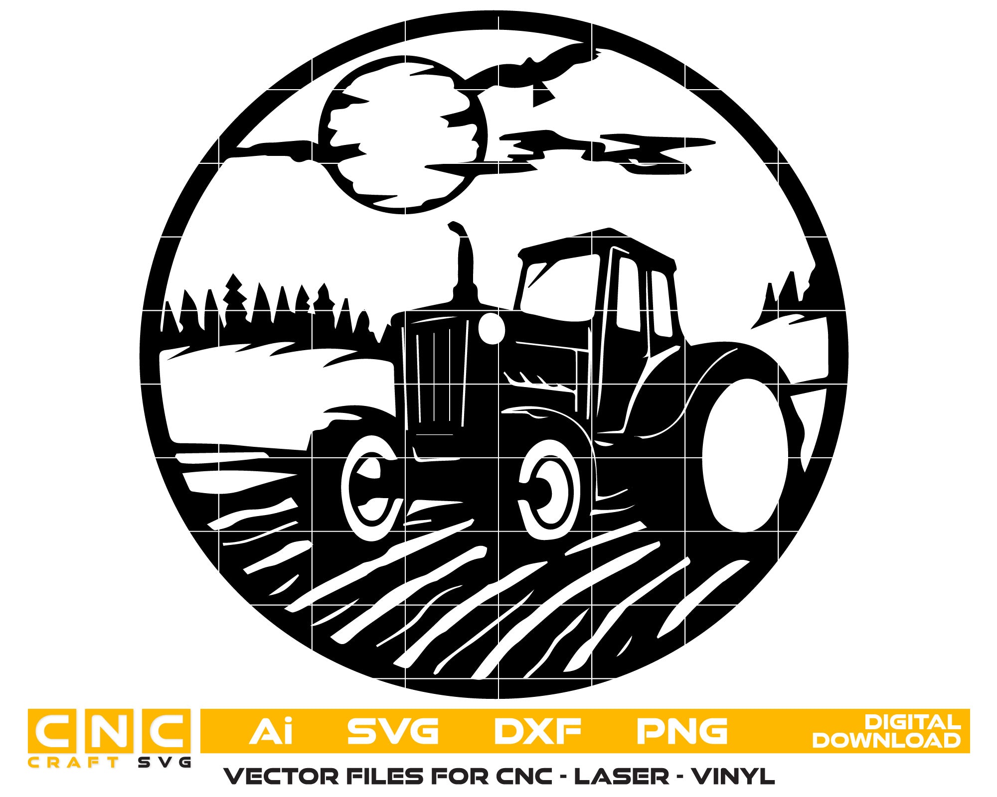Tractor on Rustic Farm Hill with Forest Sunset – Vector Scene