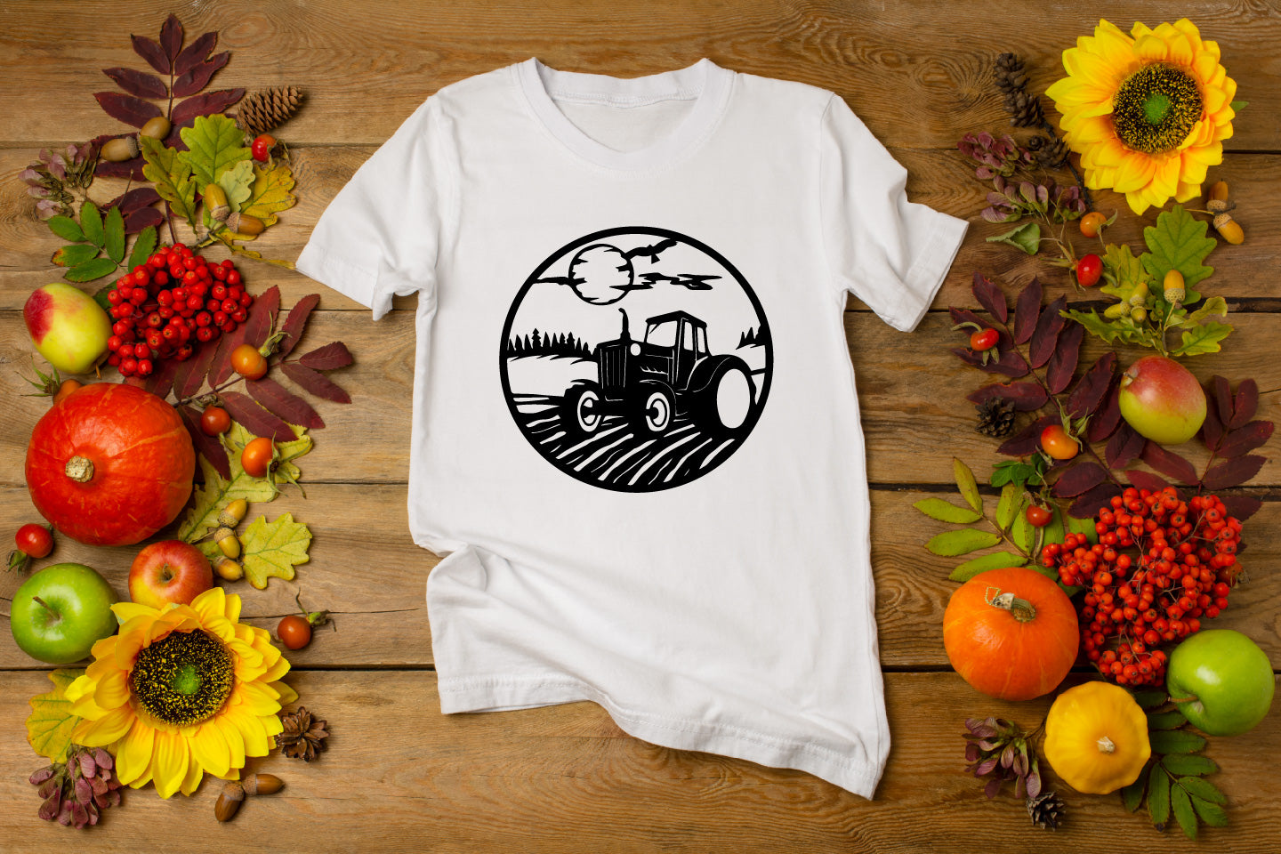 Tractor on Rustic Farm Hill with Forest Sunset – Vector Scene