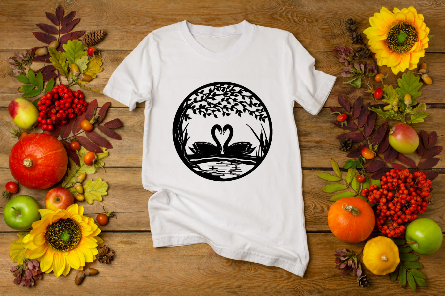 Tree and Swan Couple on Lake Scene – Vector Design