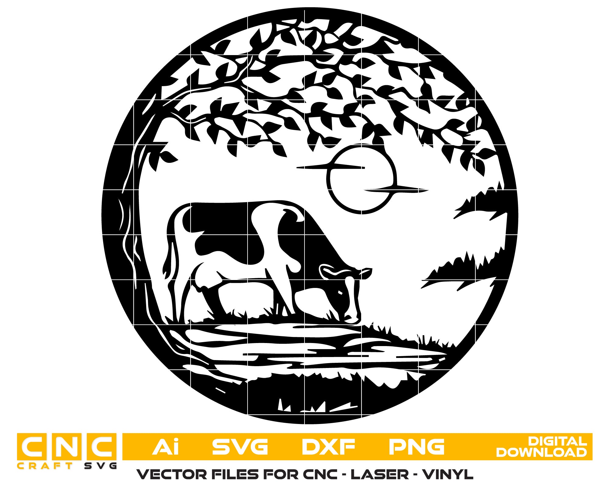 Tree and Walking Cow on Field Grass at Sunset Digital File