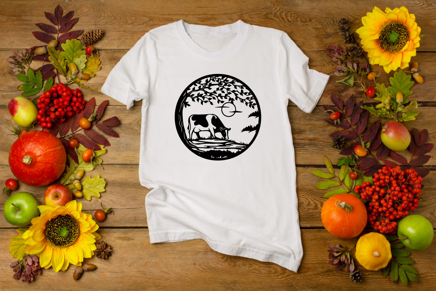Tree and Walking Cow on Field Grass at Sunset Digital File