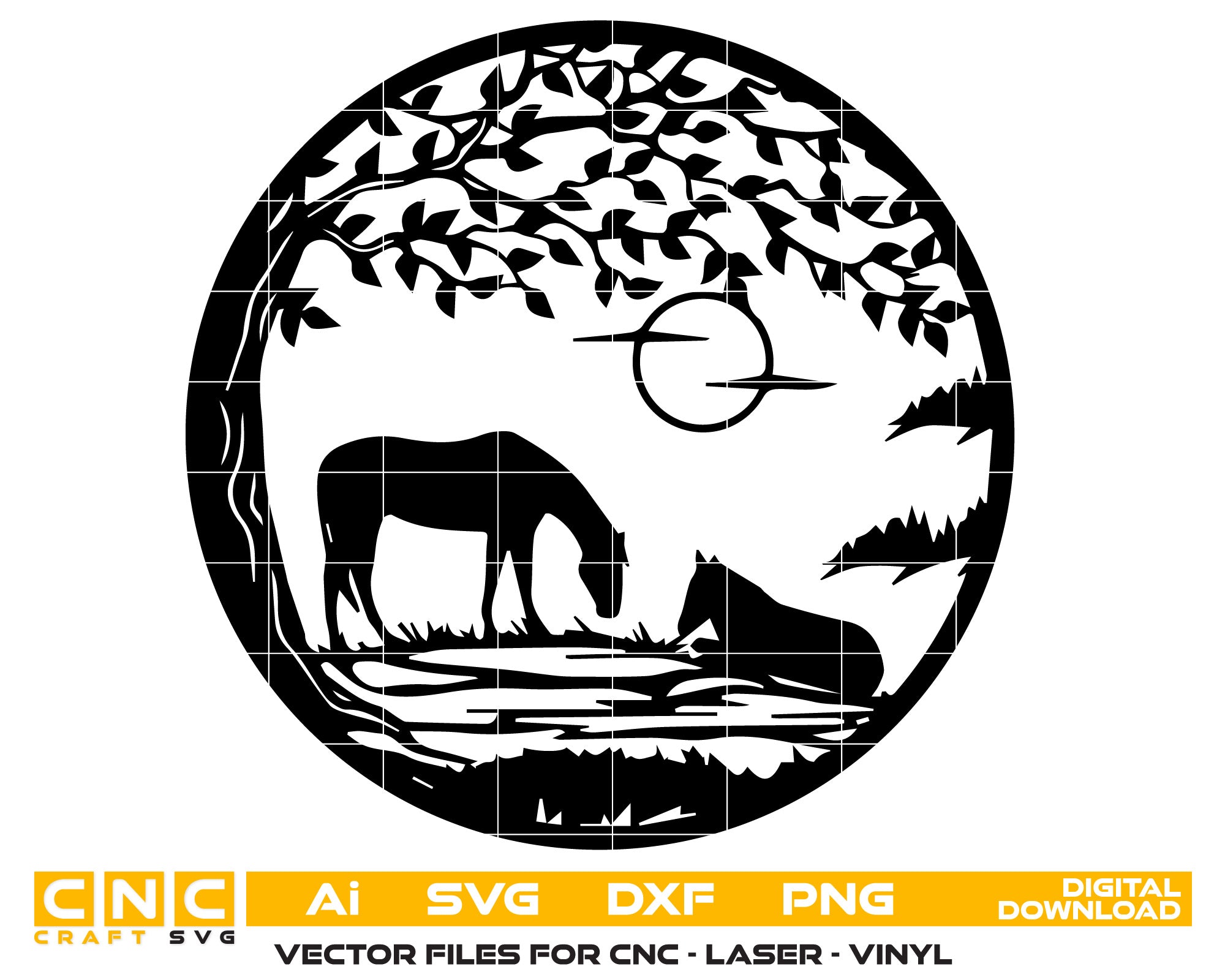 Tree and Walking Horses on Field Grass at Sunset Digital File