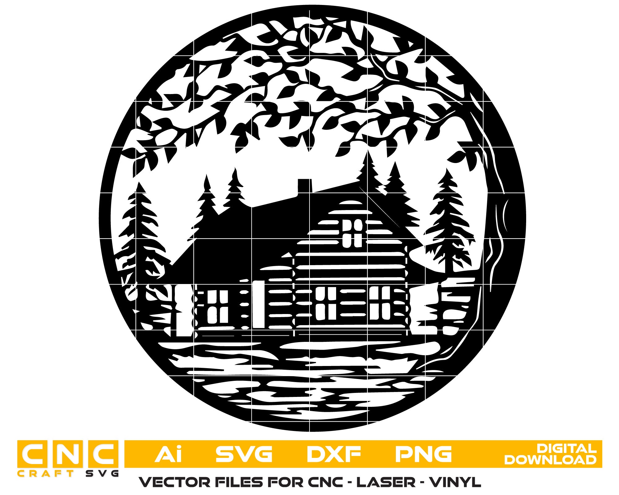 Tree and Wood Cabin in Forest – Vector Design
