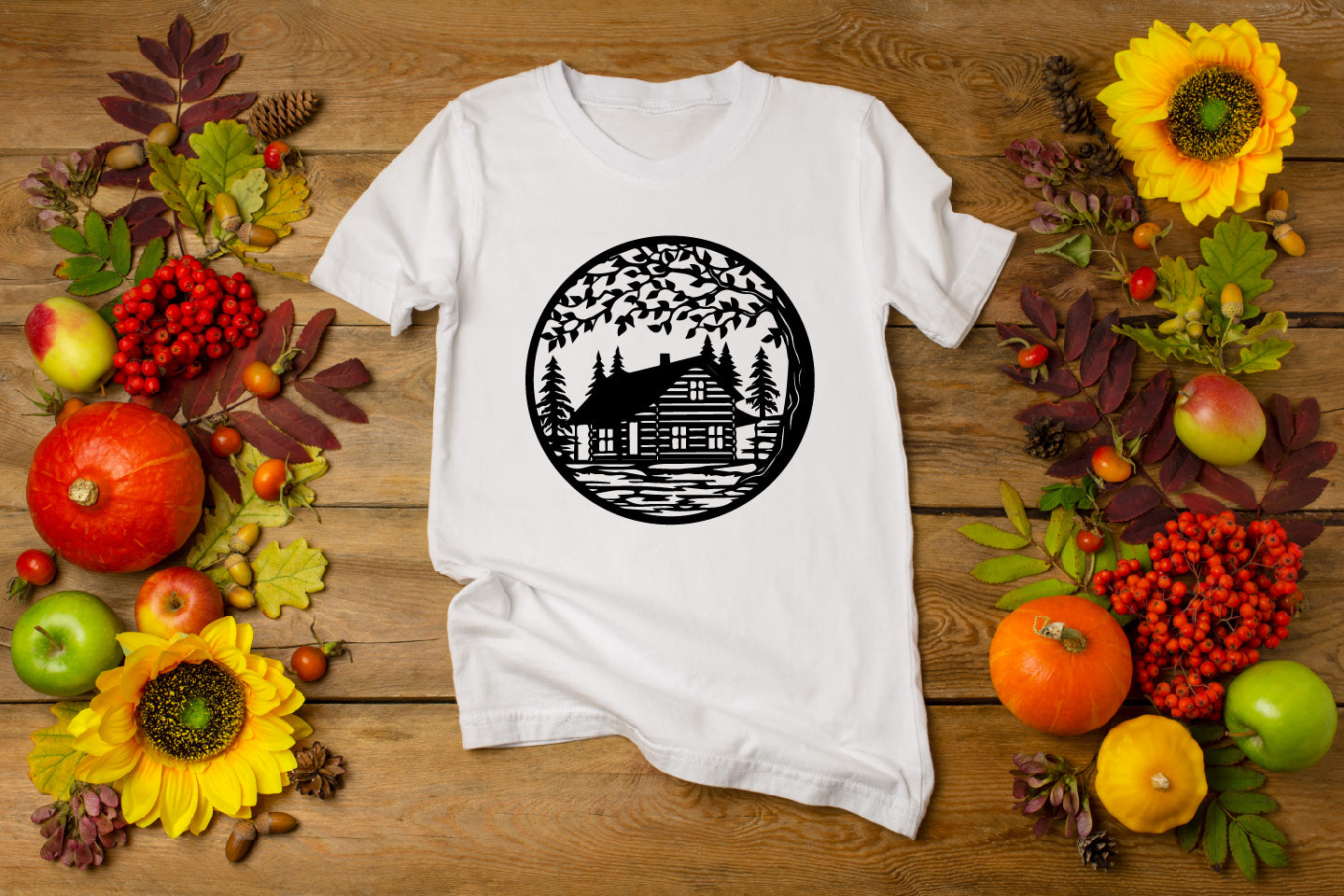 Tree and Wood Cabin in Forest – Vector Design