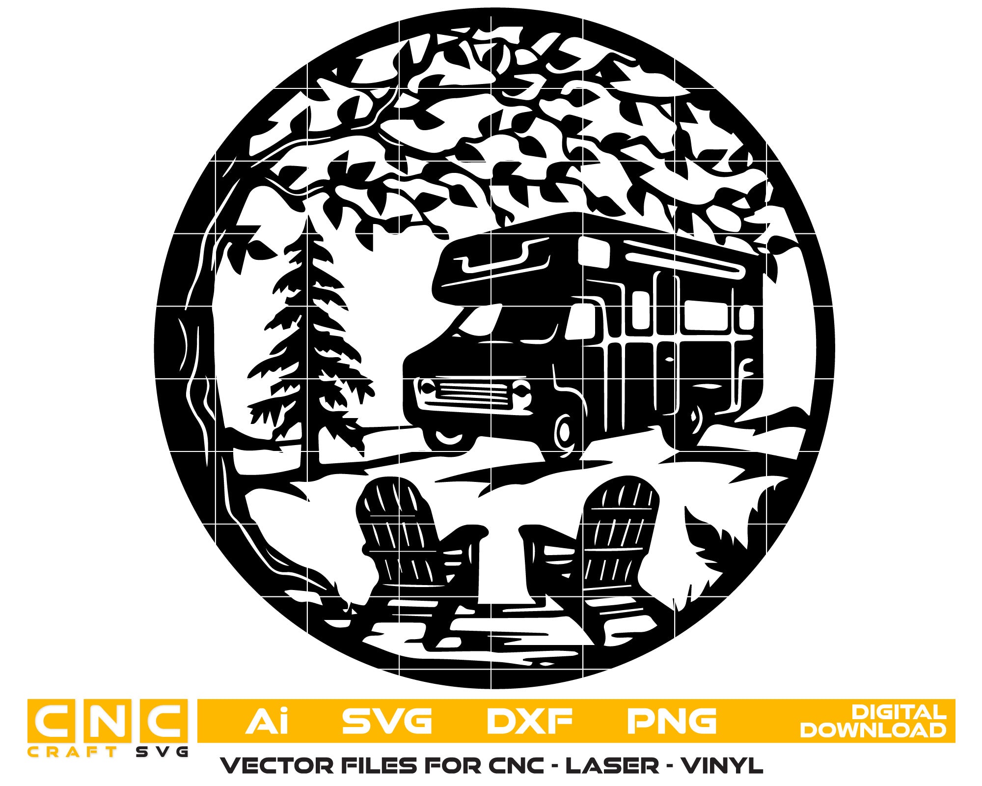 Tree with Camping Trailer and Chairs in Forest – Vector Design