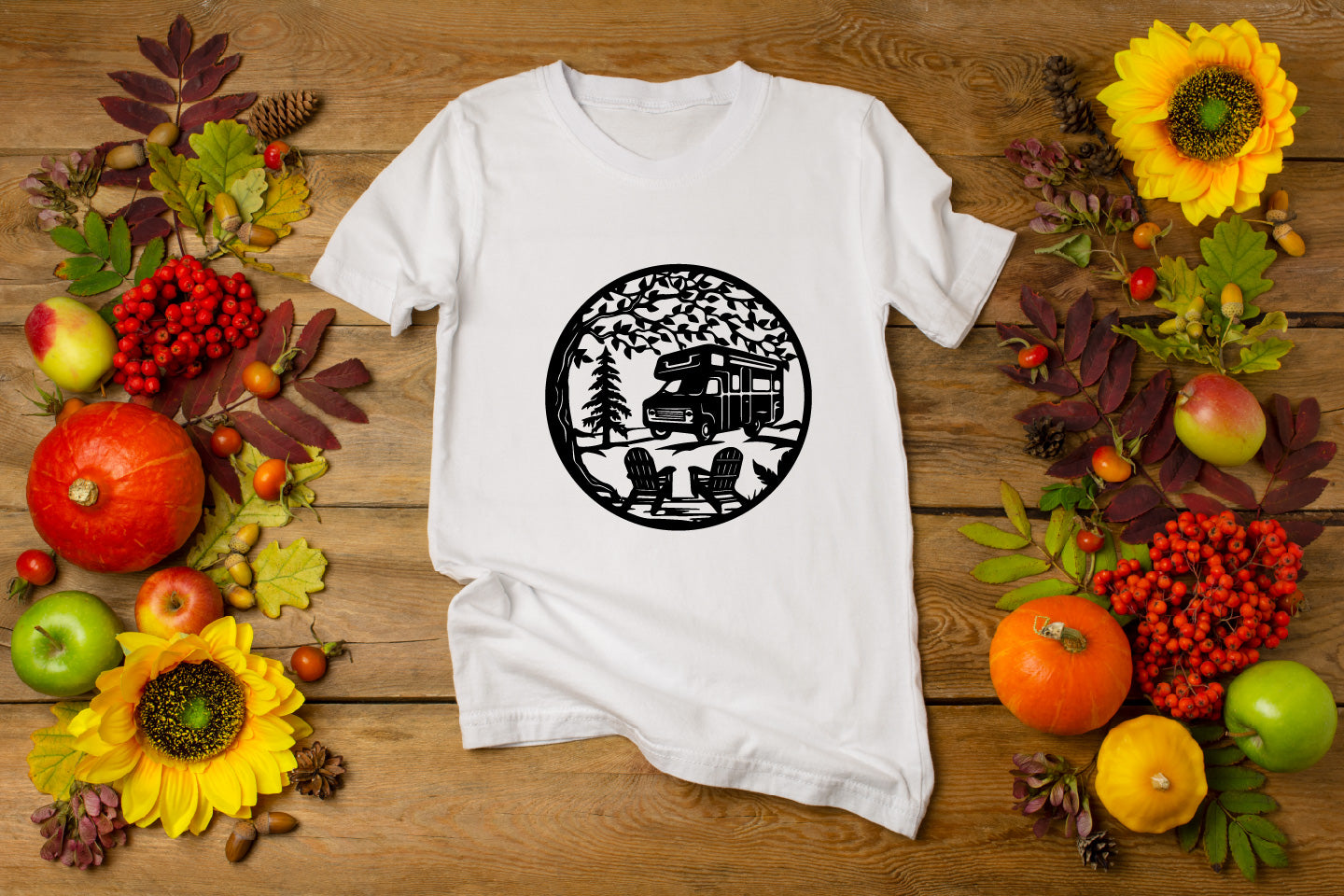 Tree with Camping Trailer and Chairs in Forest – Vector Design