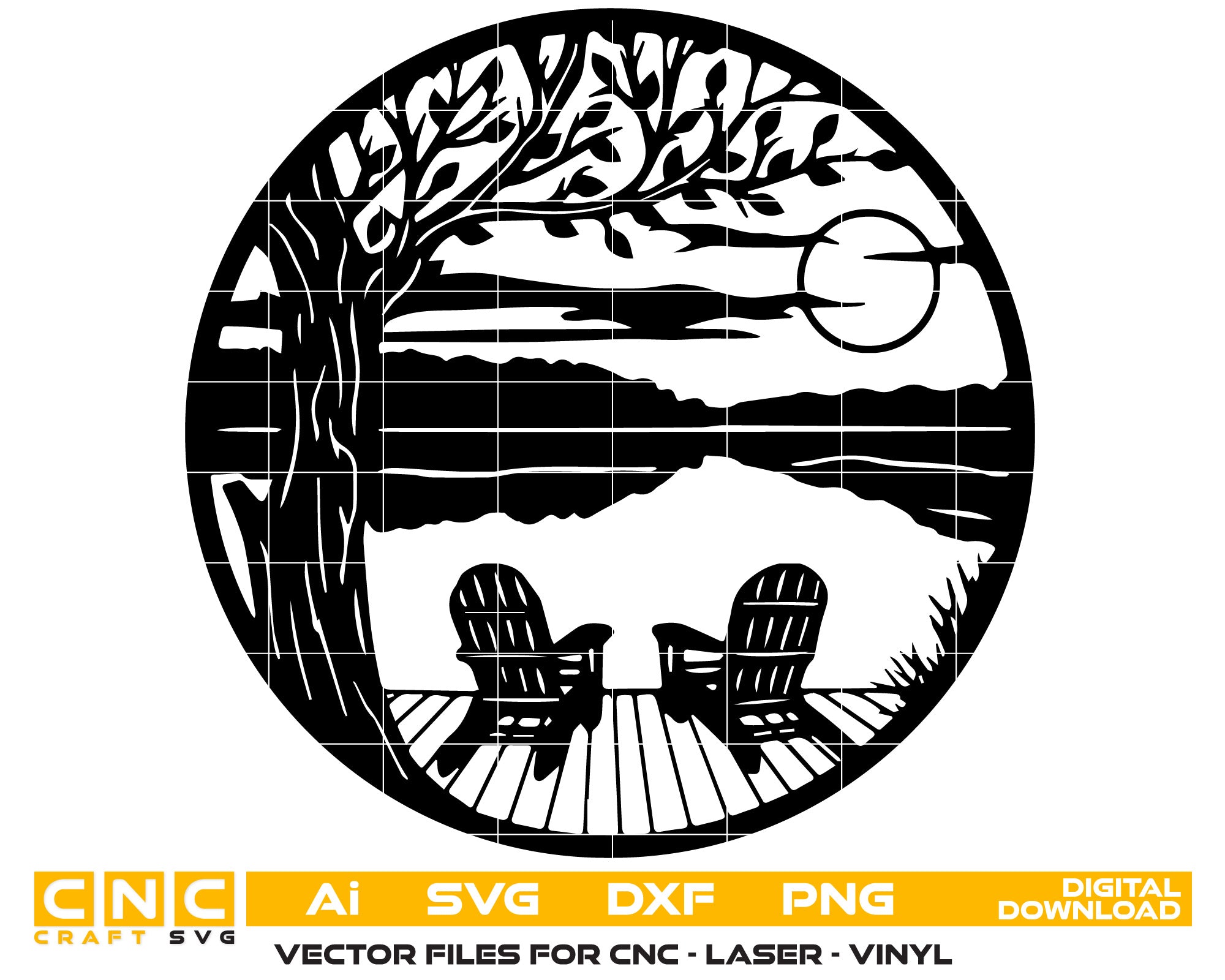 Tree with Chairs Dock on Lake Scene Sunset – Vector File.