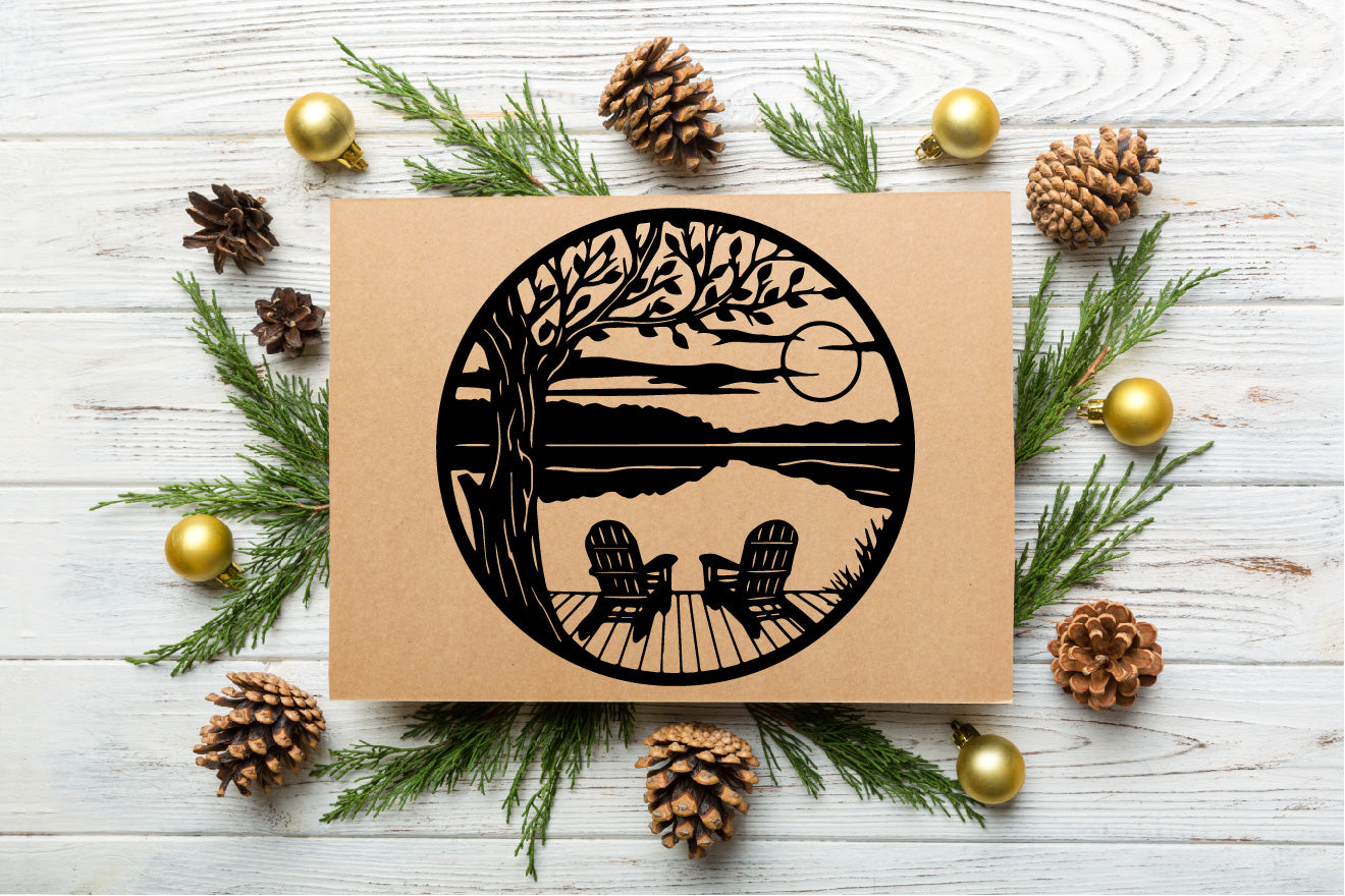 Tree with Chairs Dock on Lake Scene Sunset – Vector File.
