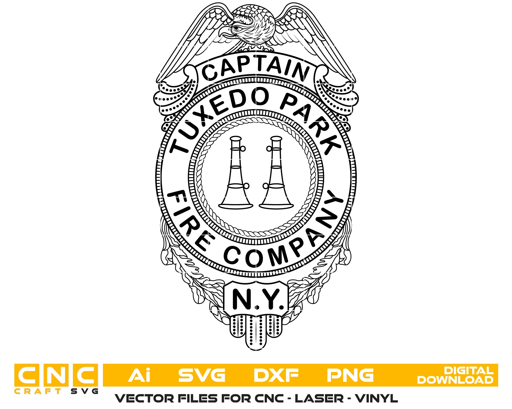 Tuxedo Park Fire Company Captain Badge SVG digital download, firefighter captain emblem vector design for Cricut, Silhouette, CNC, engraving, and fire service crafts.