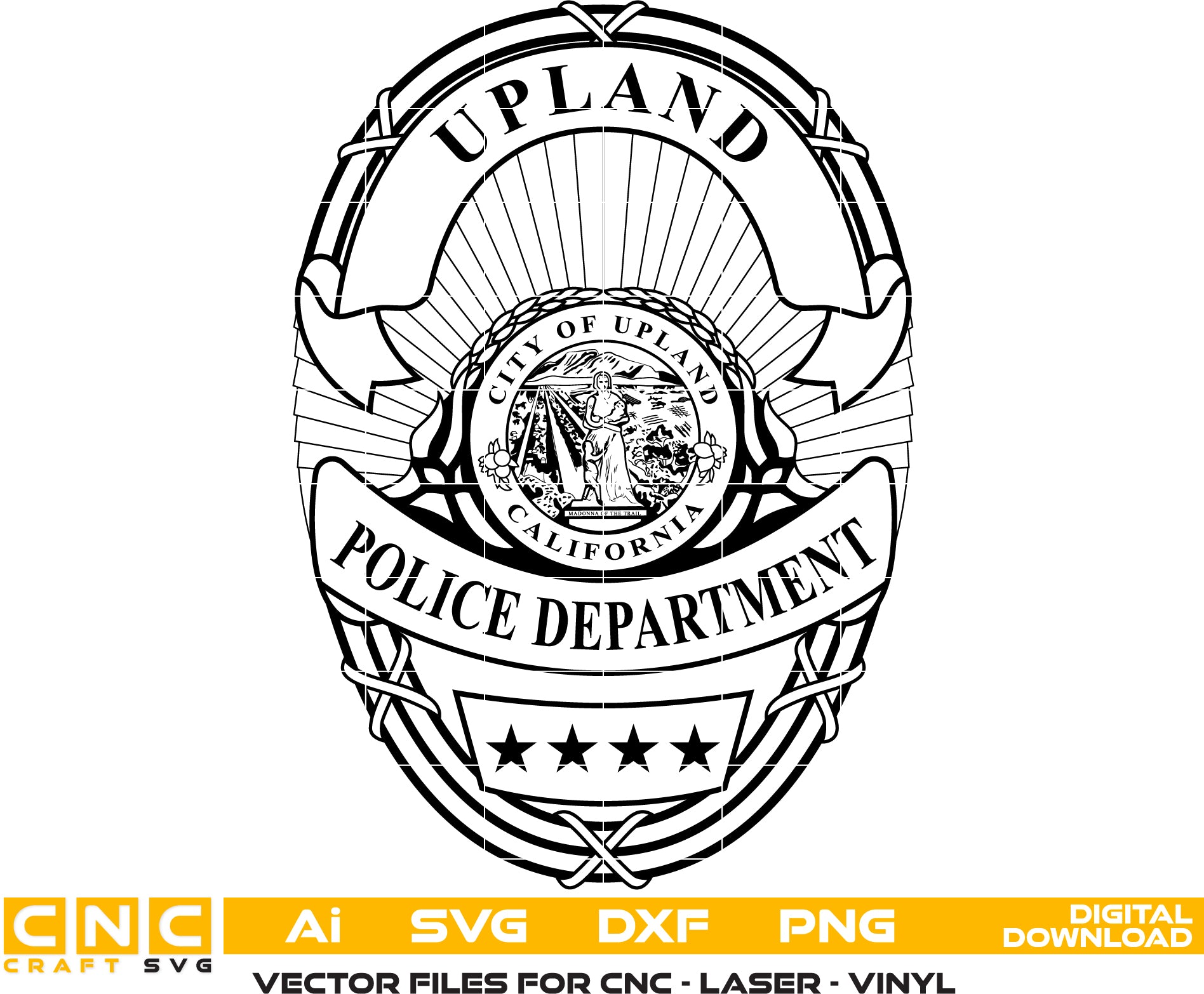 Vintage Upland California Police Officer Badge SVG | Detailed Vector Art for CNC & Printing