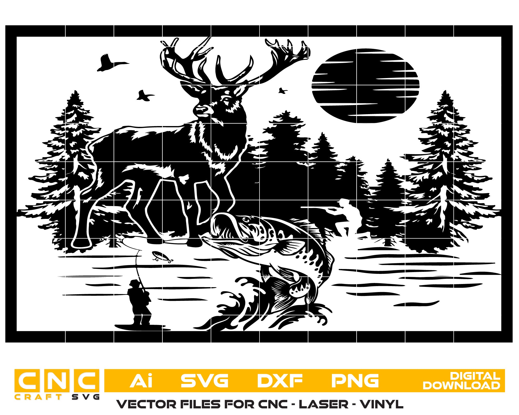 Wildlife Fishing Scene Silhouette Vector Art – Digital Download