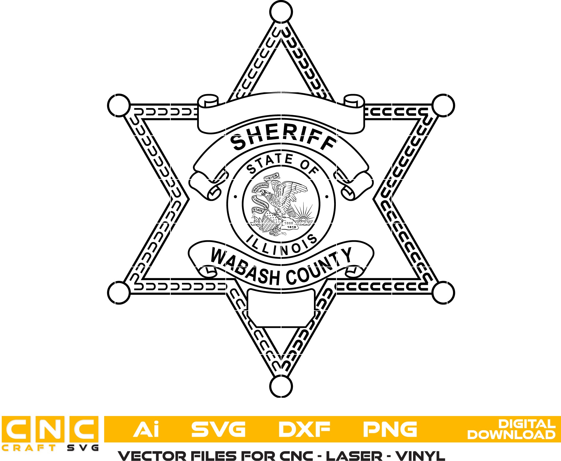Wabash County Sheriff Badge SVG digital download, Indiana sheriff emblem vector design for Cricut, Silhouette, CNC, engraving, and law enforcement crafts.