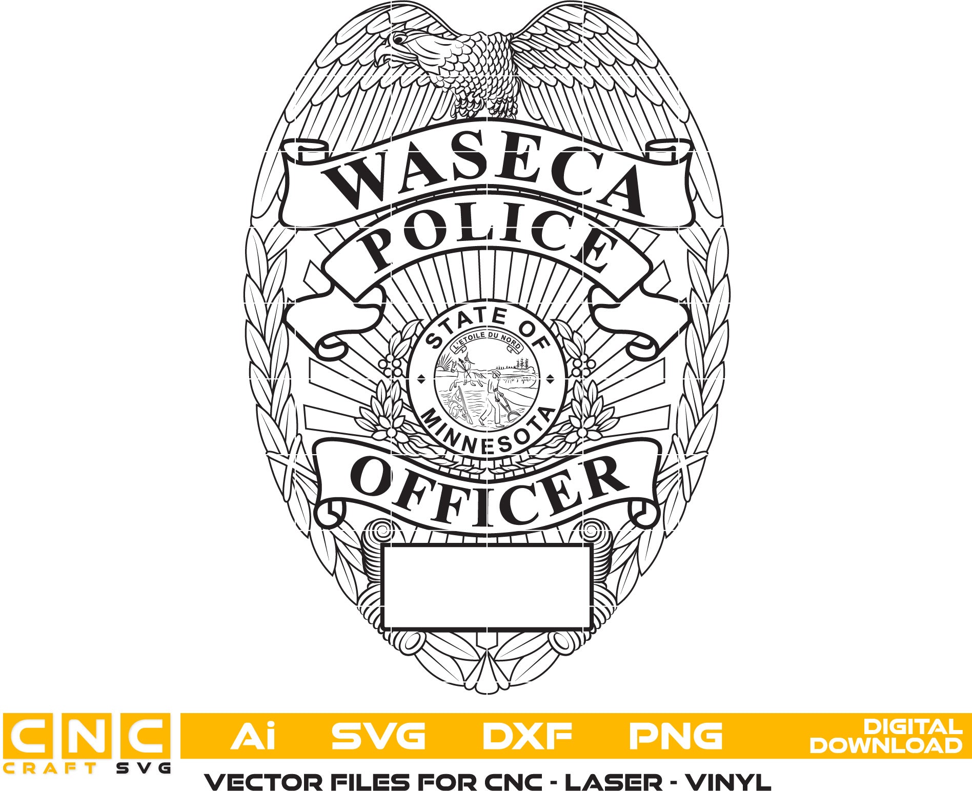 Waseca Minnesota Police Officer Badge Vector Art, Ai,SVG, DXF, PNG, Digital Files for Laser Engraving, Woodworking & Printing