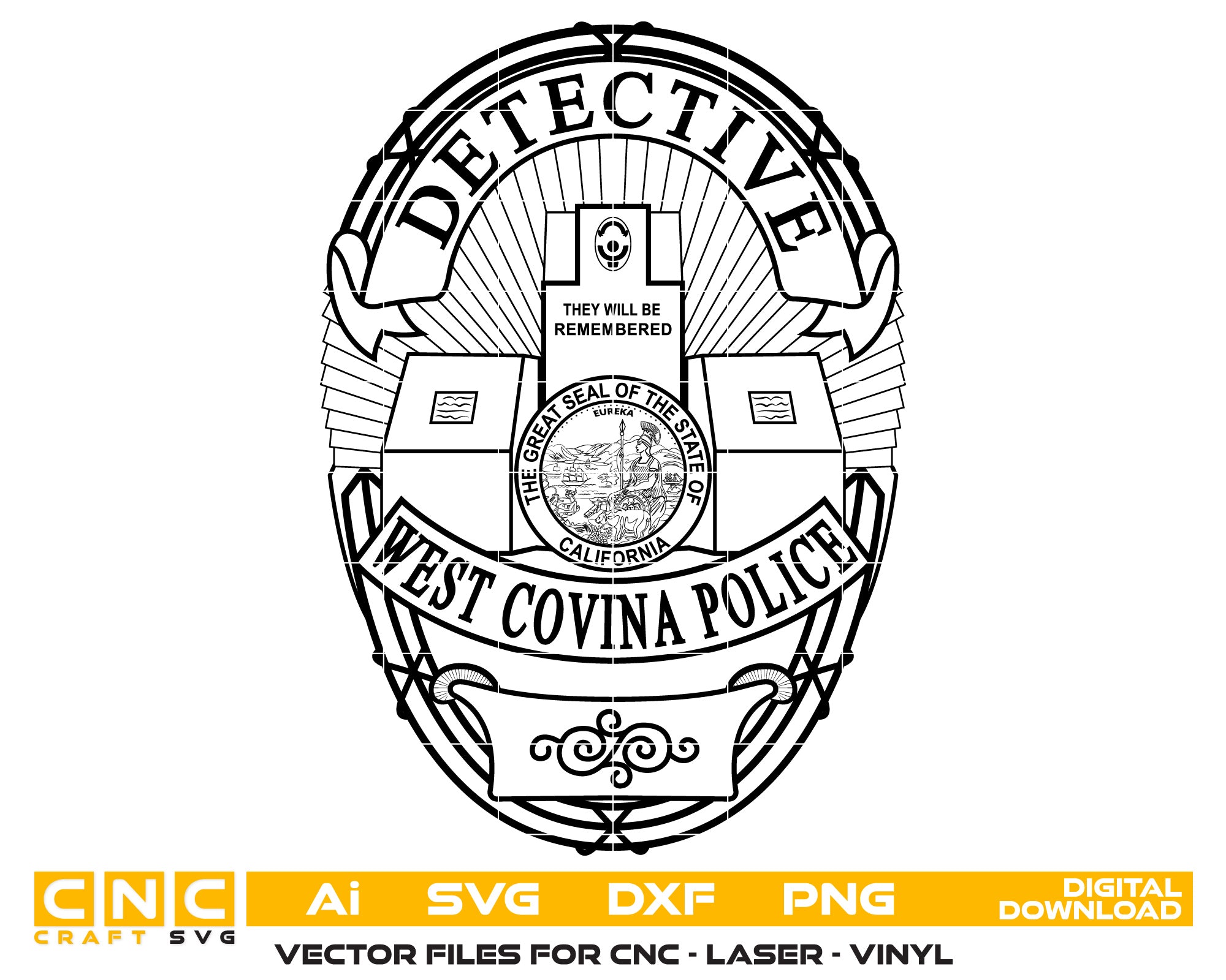 West Covina Police Detective Badge Vector Art, Ai,SVG, DXF, PNG, Digital Files