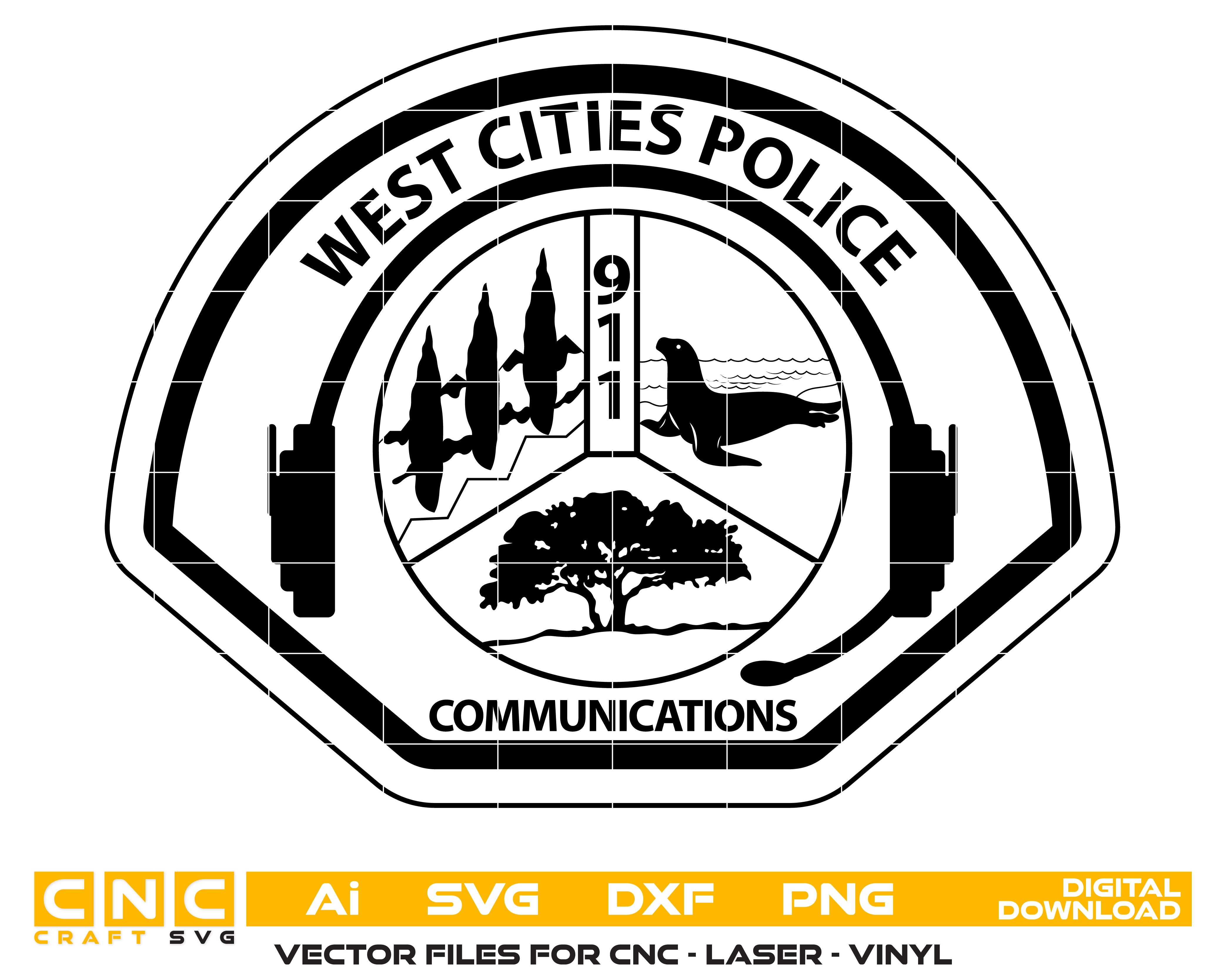 West Cities Police Department Communications Logo SVG digital download, police communications emblem vector design for Cricut, Silhouette, CNC, engraving, and law enforcement crafts.