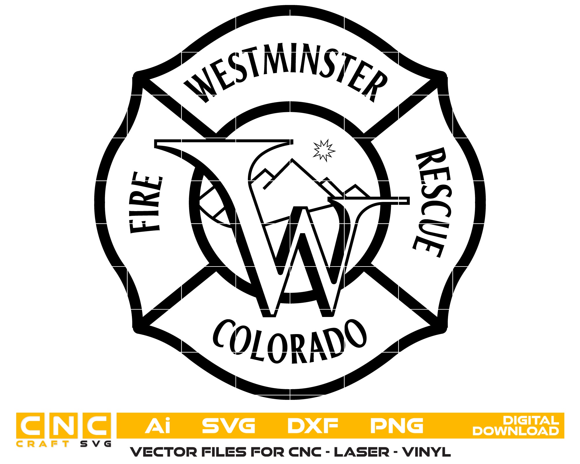 Westminster Fire Department Badge SVG digital download, firefighter emblem vector design for Cricut, Silhouette, CNC, engraving, and fire department crafts.