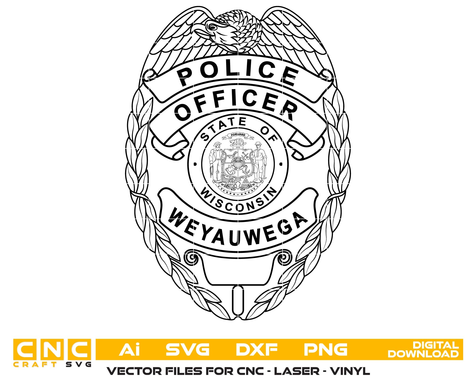 Weyauwega Wisconsin Police Officer Badge SVG, Weyauwega Police Officer Badge Vector, Wisconsin Police Badge SVG, Law Enforcement Badge Emblem, Police Shield Vector, Badge Engraving File
