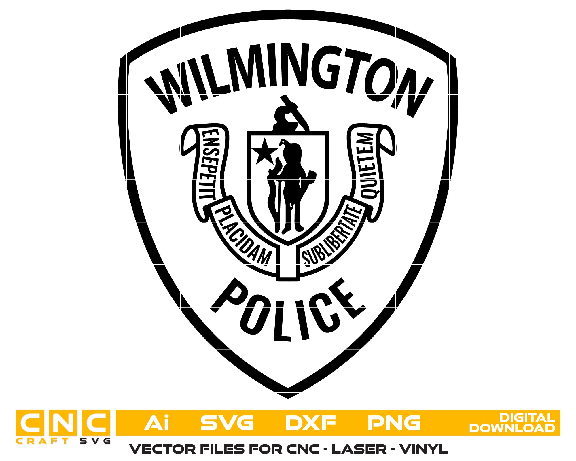 Wilmington Police Badge SVG digital download, law enforcement emblem vector design for Cricut, Silhouette, CNC, engraving, and police craft projects.