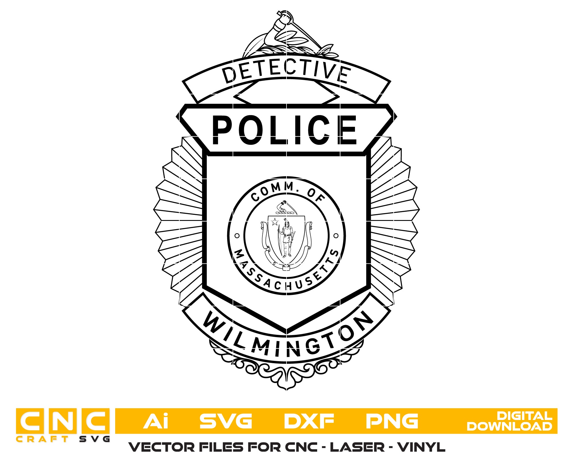 Wilmington Police Detective Badge SVG digital download, law enforcement detective emblem vector for Cricut, Silhouette, CNC, engraving, and police craft projects.