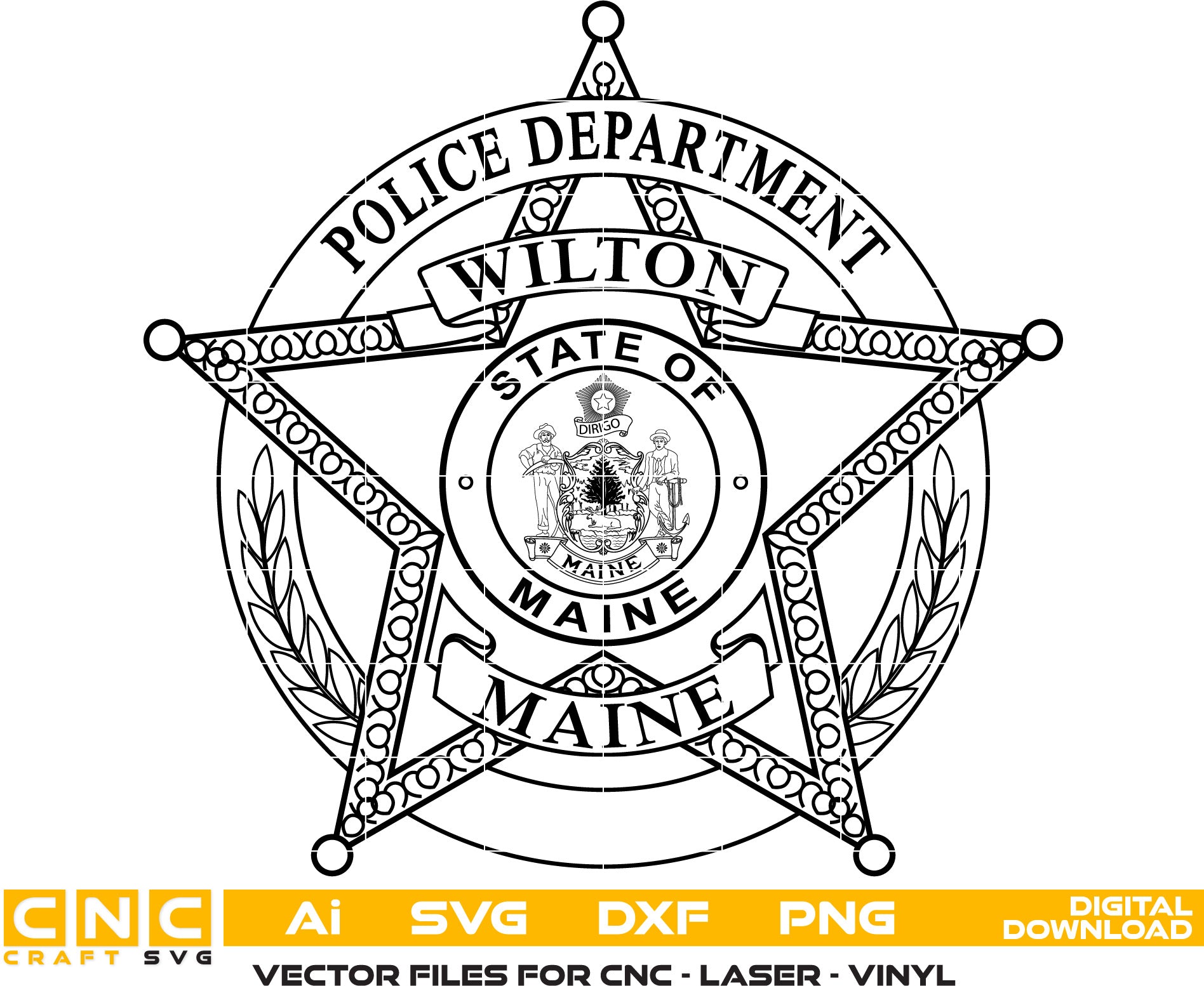 Wilton Maine Police Badge Vector Art, Ai,SVG, DXF, PNG, Digital Files for Laser Engraving, Woodworking,Printing, CNC Router, Cricut, Ezecad