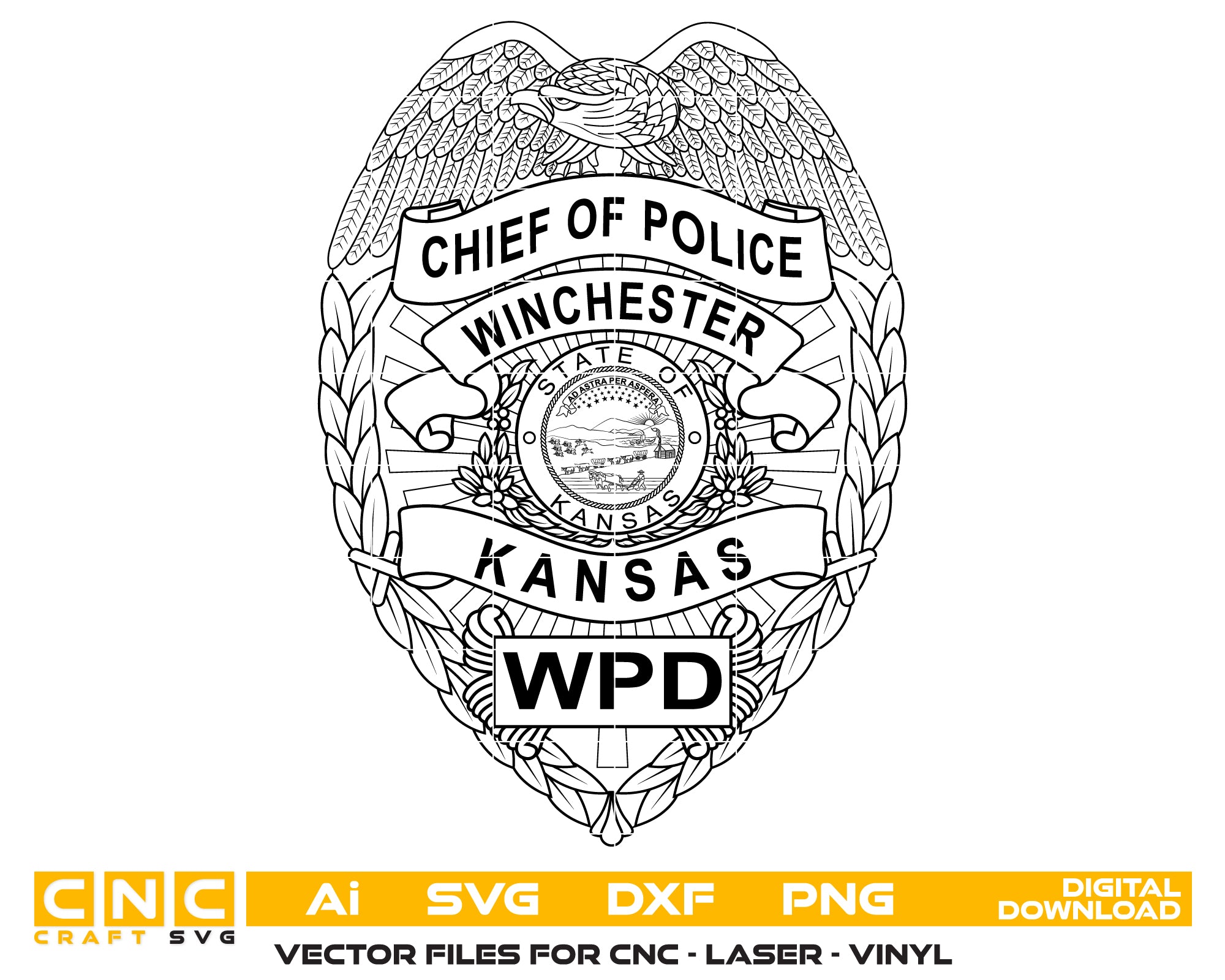 Winchester Police Chief Badge SVG, Kansas Police Chief Badge Vector, Police Chief Emblem Illustration, Law Enforcement Badge SVG File