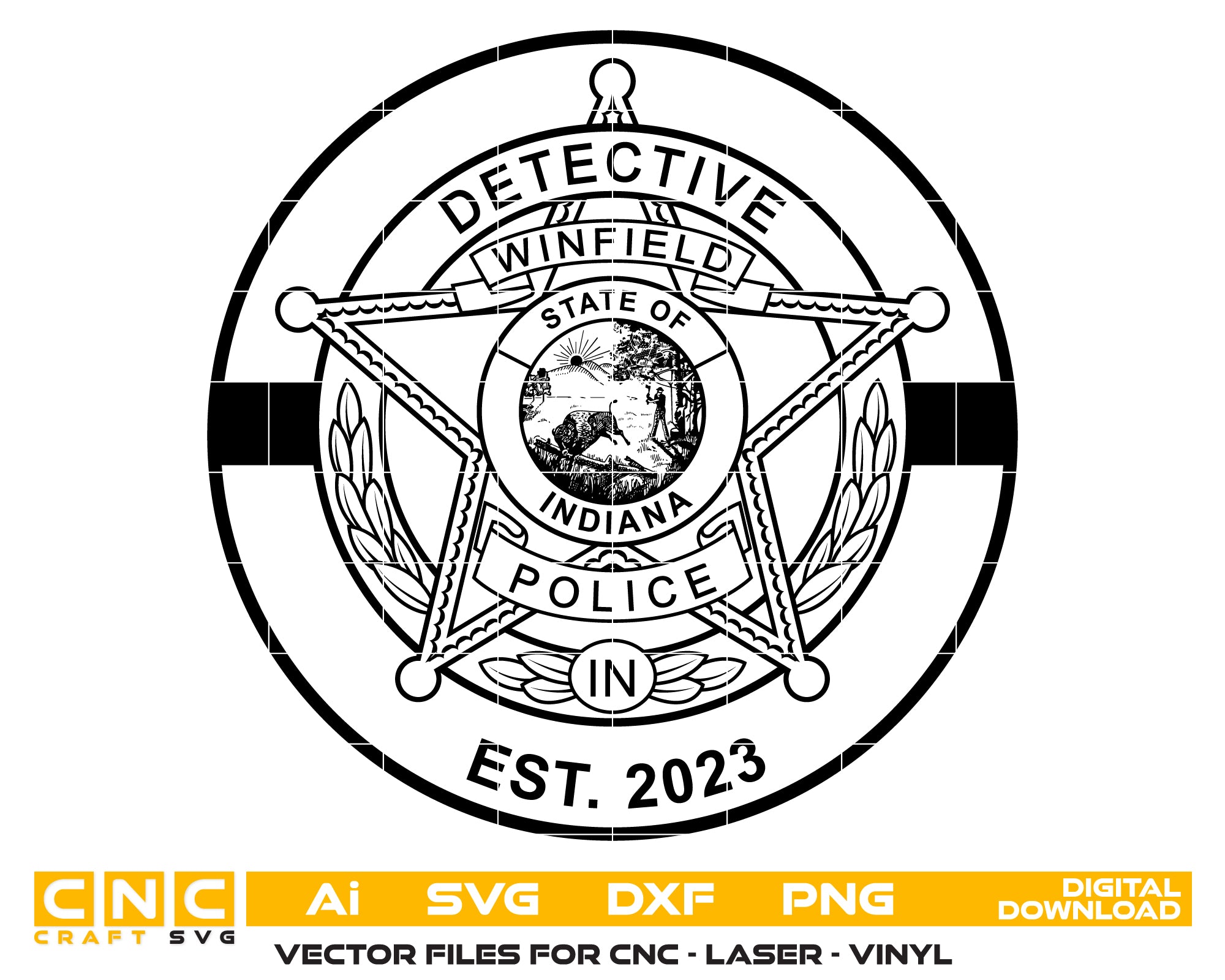 Winfield Indiana Police Detective Badge SVG digital download, law enforcement detective emblem vector design for Cricut, Silhouette, CNC, engraving, and police craft projects.