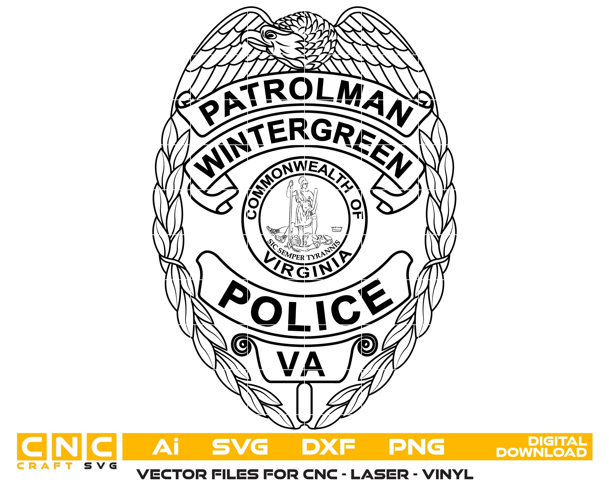 Wintergreen Police Patrolman Badge Vector Art, Ai,SVG, DXF, PNG, Digital Files