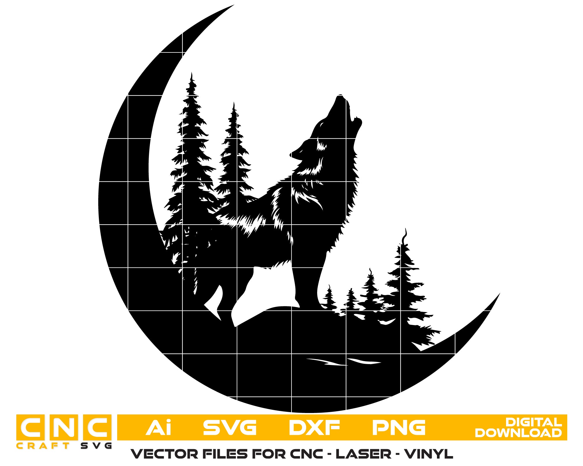 Wolf Howling at the Moon with Trees Silhouette – Vector Design