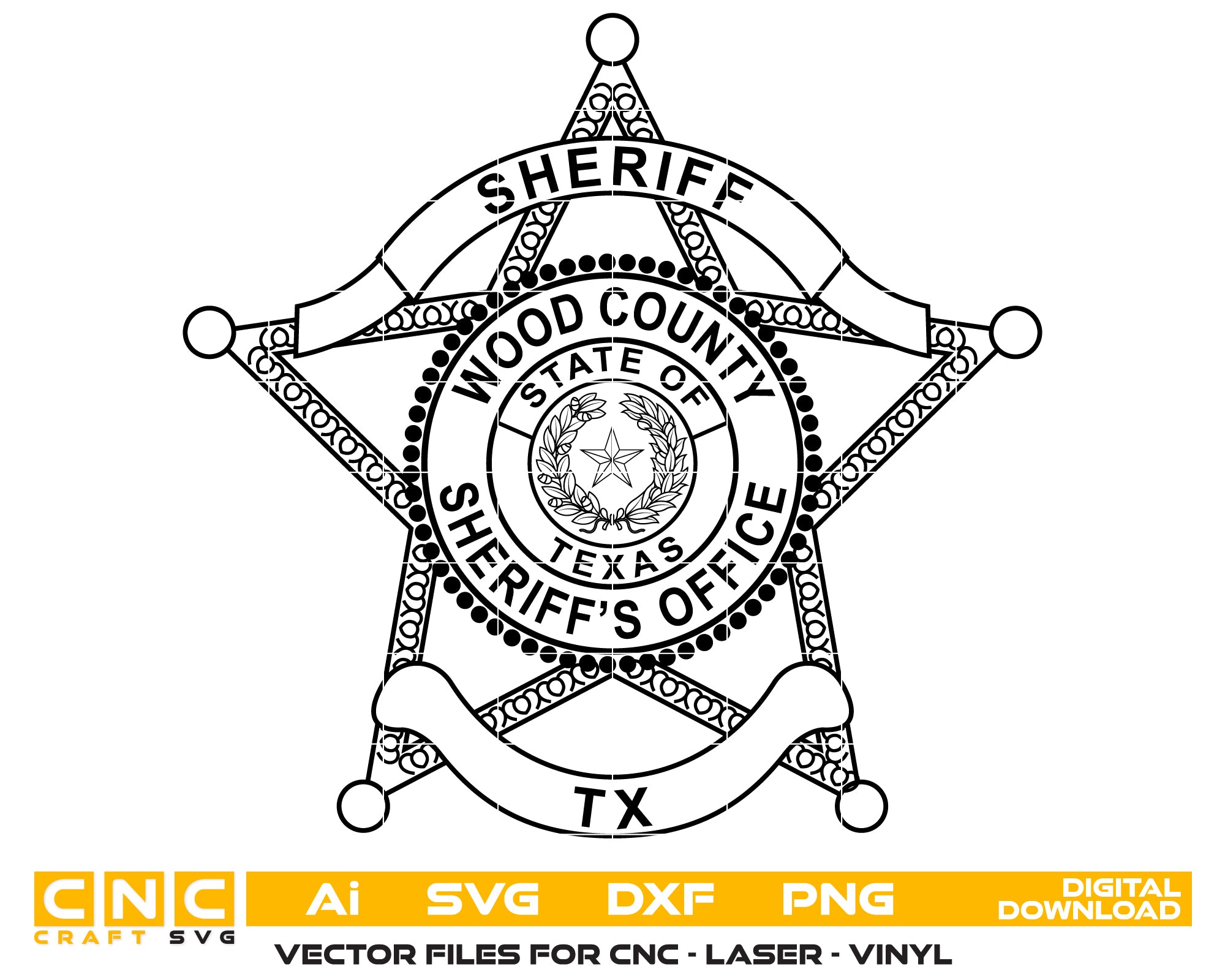 Wood County Texas Sheriff Badge SVG digital download, Texas sheriff department emblem vector design for Cricut, Silhouette, CNC, engraving, and badge craft projects.