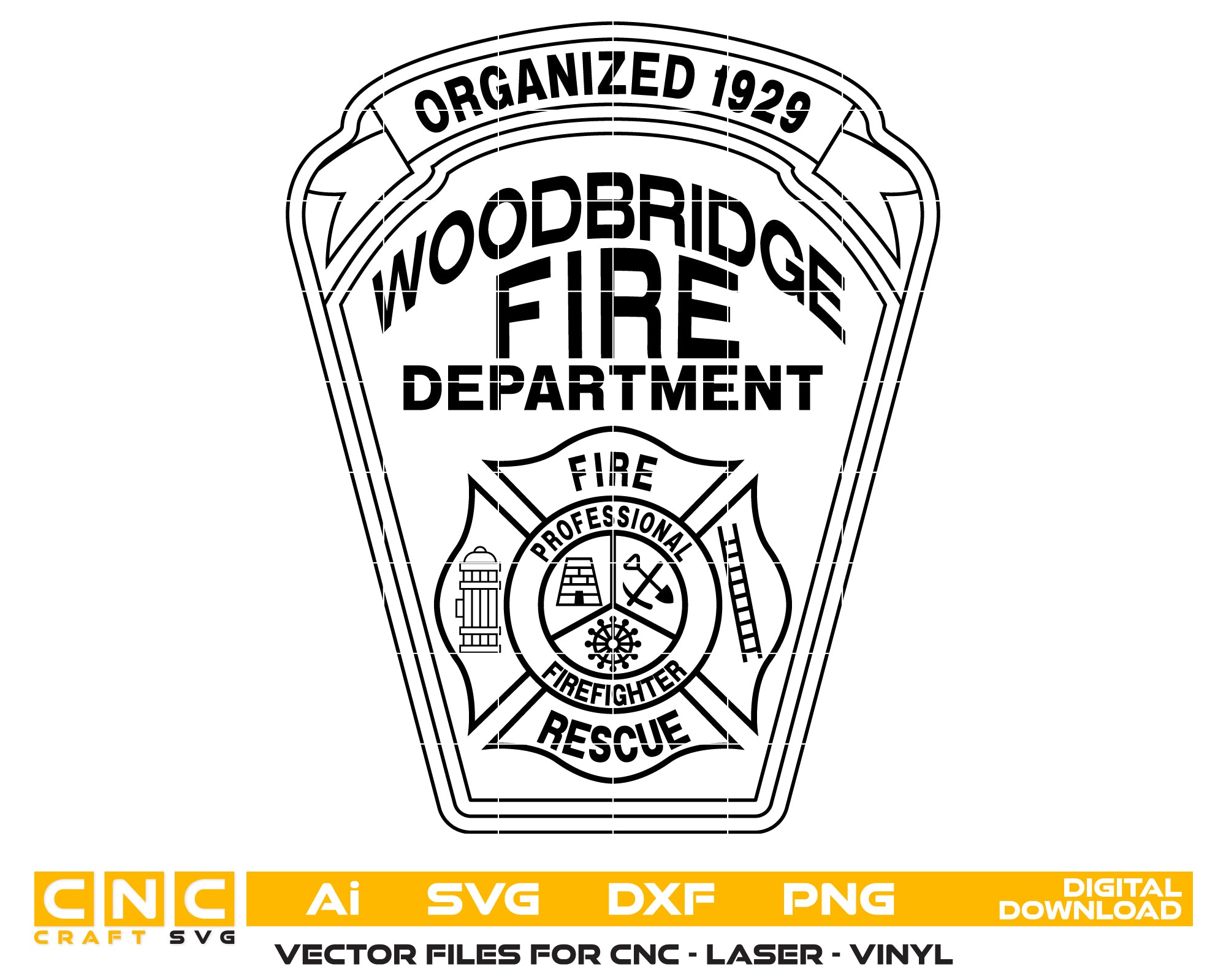 Woodbridge Fire Department Badge SVG, Organized 1929 Firefighter Badge Vector, Woodbridge Fire Dept Emblem, Fire Badge SVG File