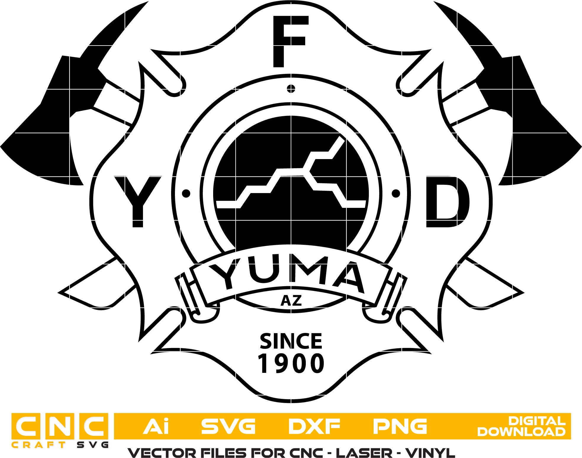 Yuma Fire Dept. Badge Vector art Svg/ Dxf/ Jpg/ Png/ and Ai files For laser engraving/ woodworking/ acrylic painting and all printing machines.