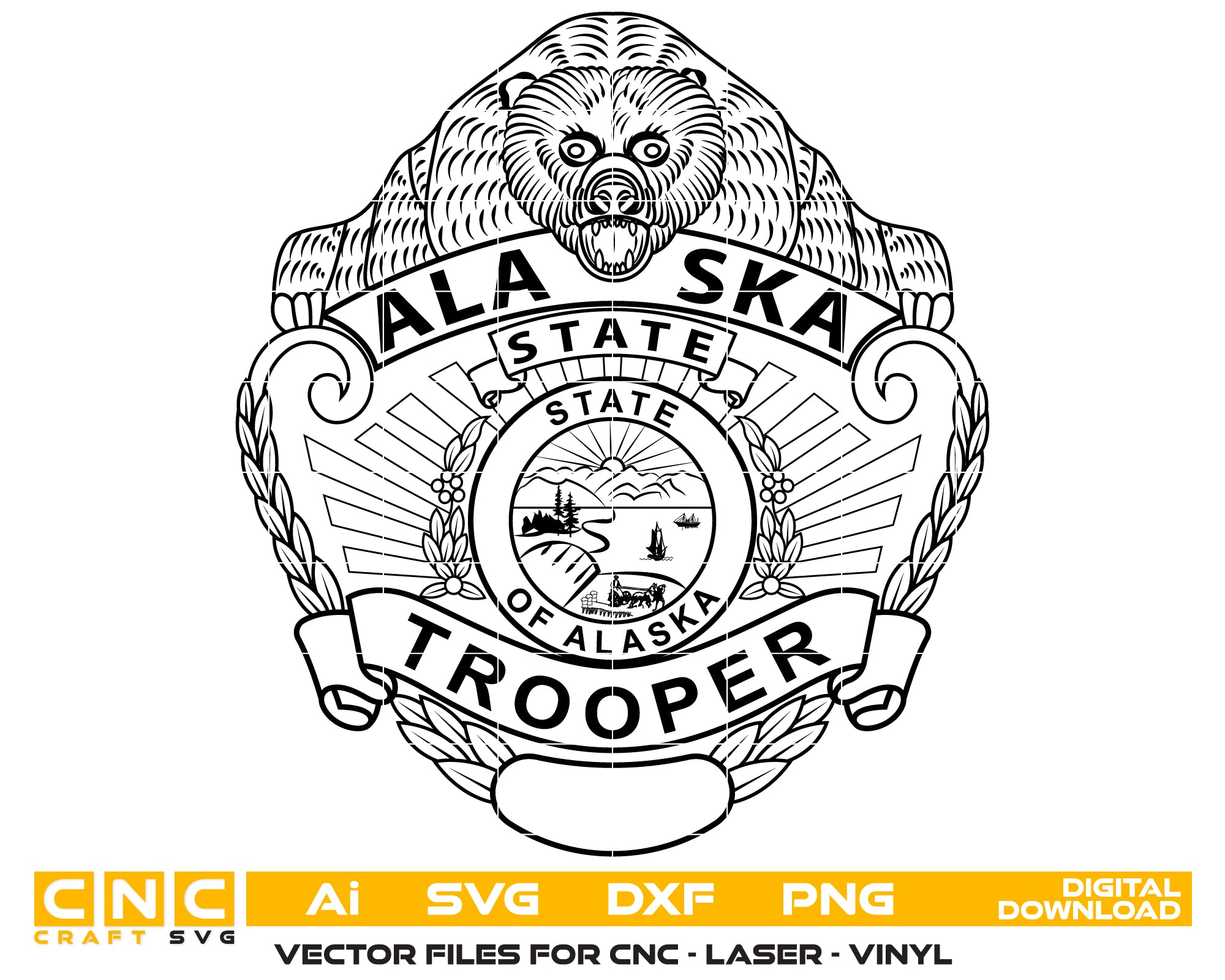 Alaska State Trooper Badge SVG
Alaska Police Bear Emblem Vector
State Trooper Badge with Bear Crest
Alaska Law Enforcement Shield Design
Trooper Badge CNC Vector File