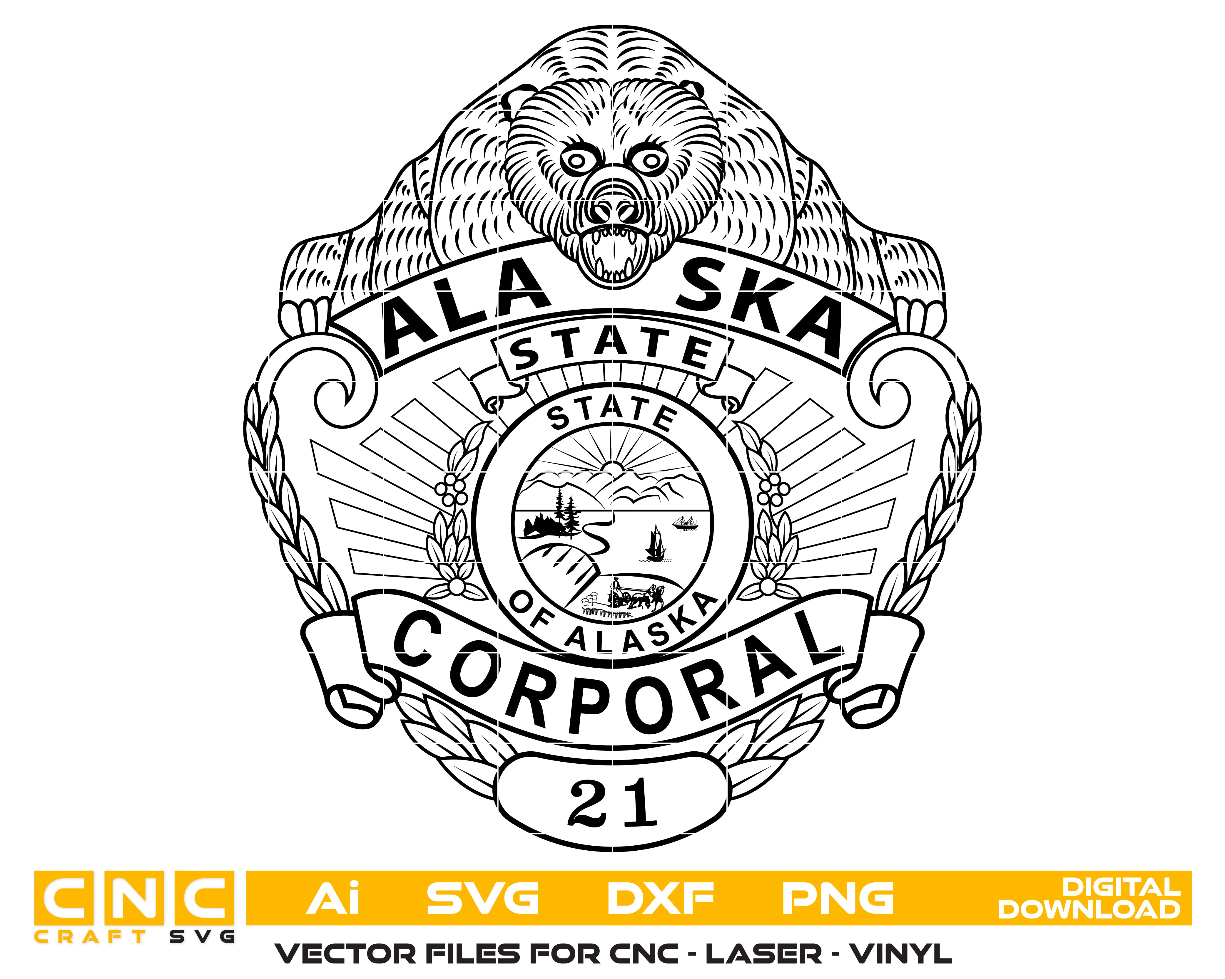 Alaska State Troopers Corporal Badge SVG
State Trooper Badge Vector Design
Law Enforcement Corporal Badge for Engraving
Alaska Trooper Logo SVG File
Professional Police Badge CNC Vector