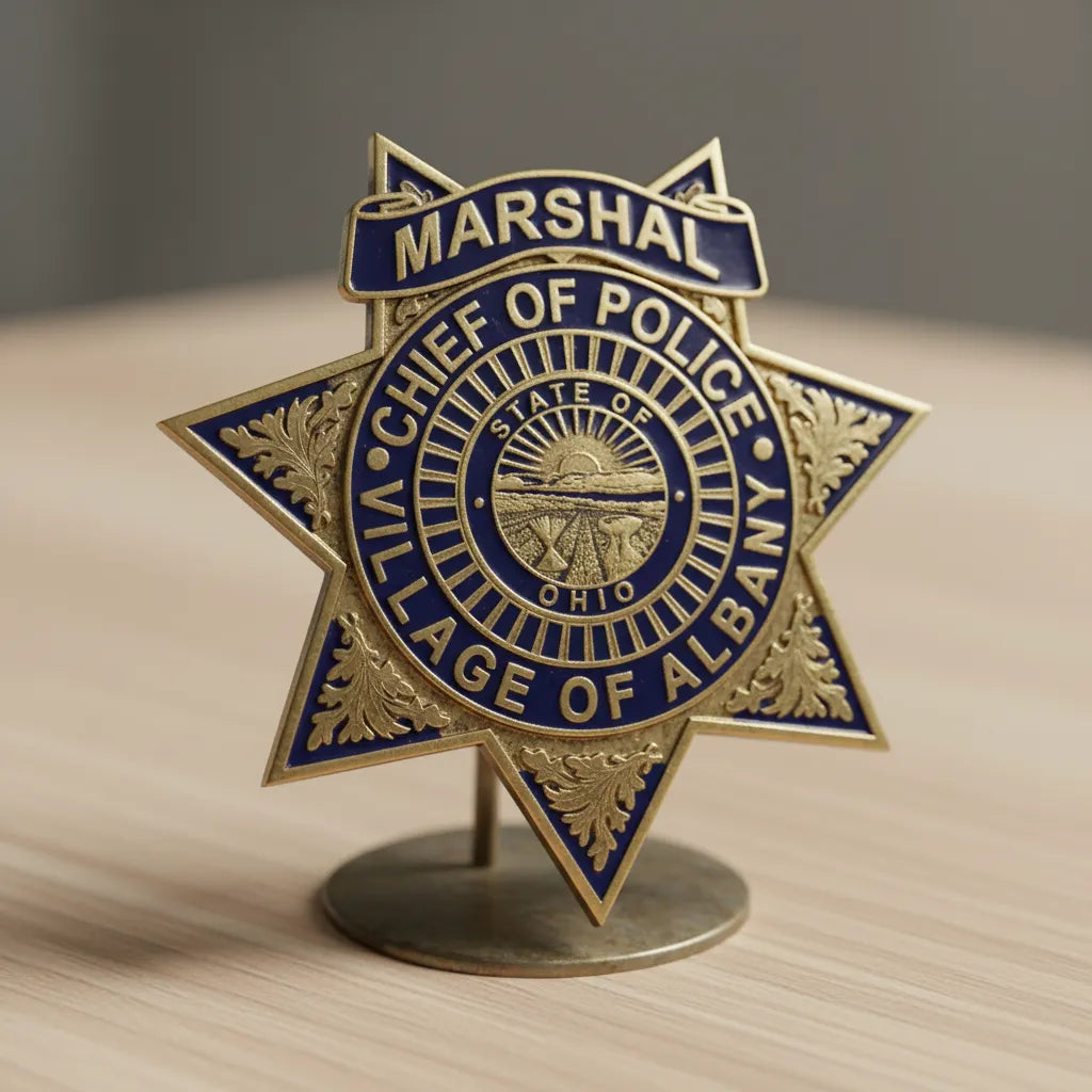 Albany Chief of Police Marshal Badge SVG
Ohio Law Enforcement Vector Design
5-Point Star Police Badge Engraving File
Albany OH Marshal Sign CNC File
Eagle Police Chief Badge Vector for Lasers